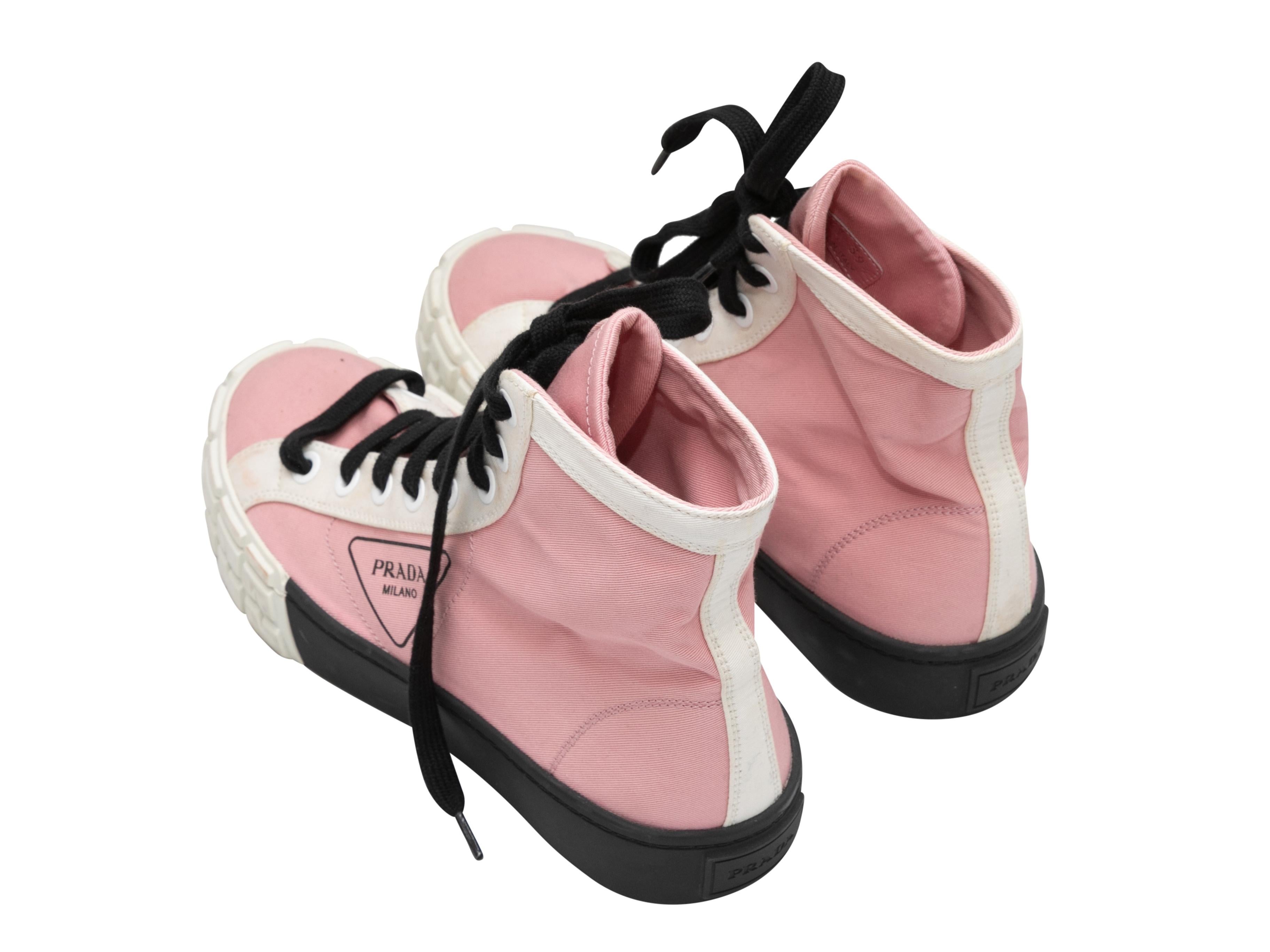 Women's Pink & Multicolor Prada Nylon High-Top Sneakers Size 38 For Sale