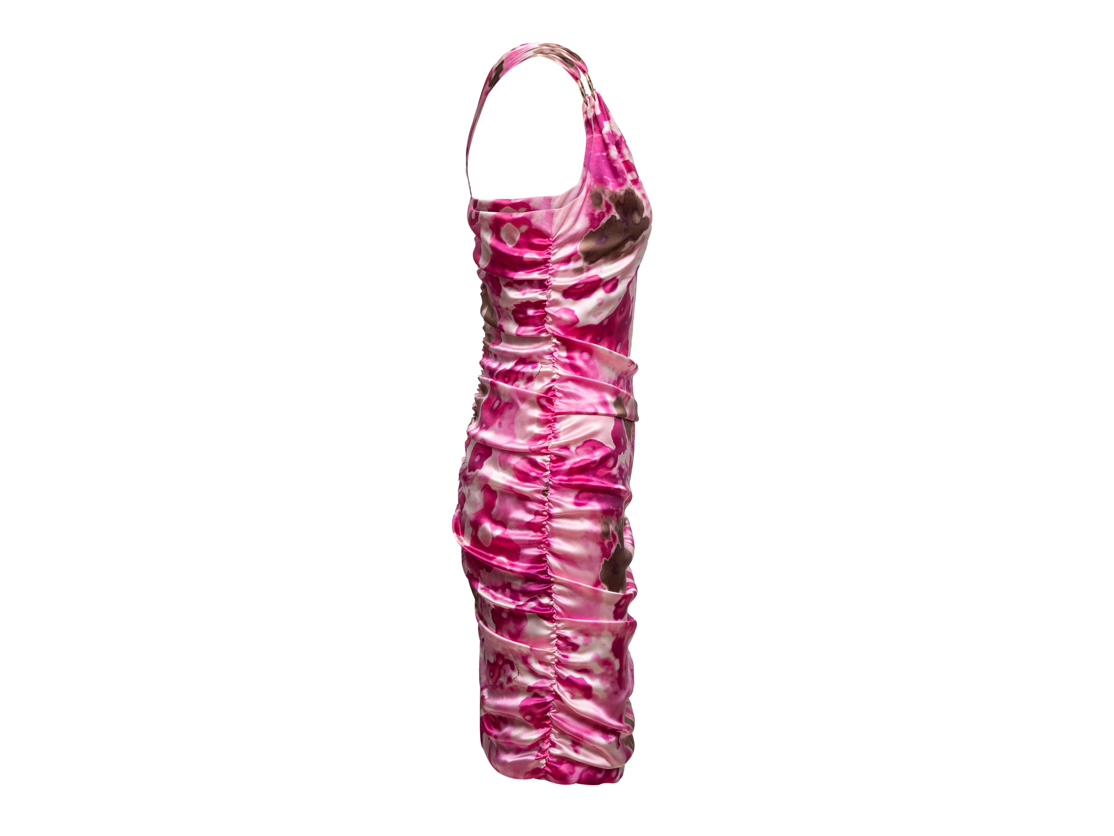 Pink and multicolor abstract floral print sleeveless dress by Versace. V-neck. O-ring detailing at narrow straps. Ruching throughout. Zip closure at center back. 35