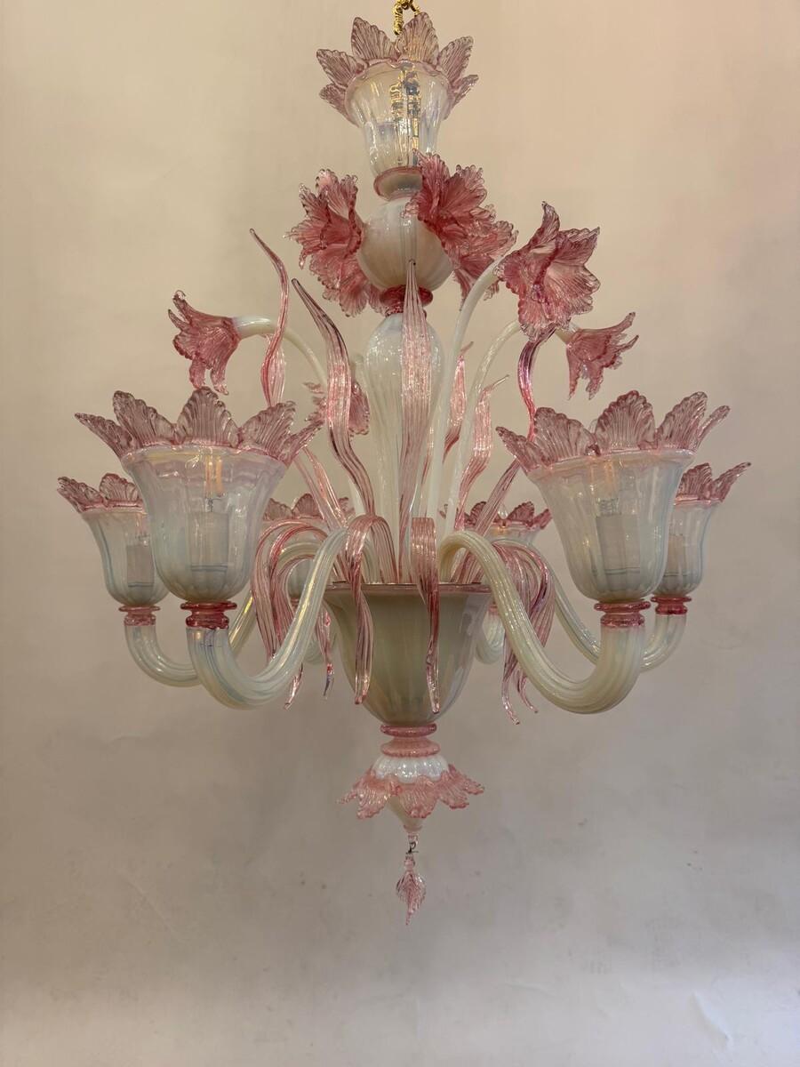 Mid-Century moderno Lampadario a 6 luci di Murano rosa, anni '50 in vendita