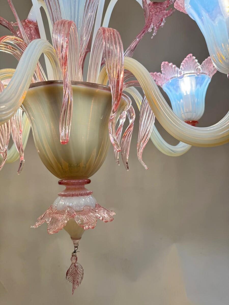 Lampadario a 6 luci di Murano rosa, anni '50 In condizioni buone in vendita a Brussels, BE