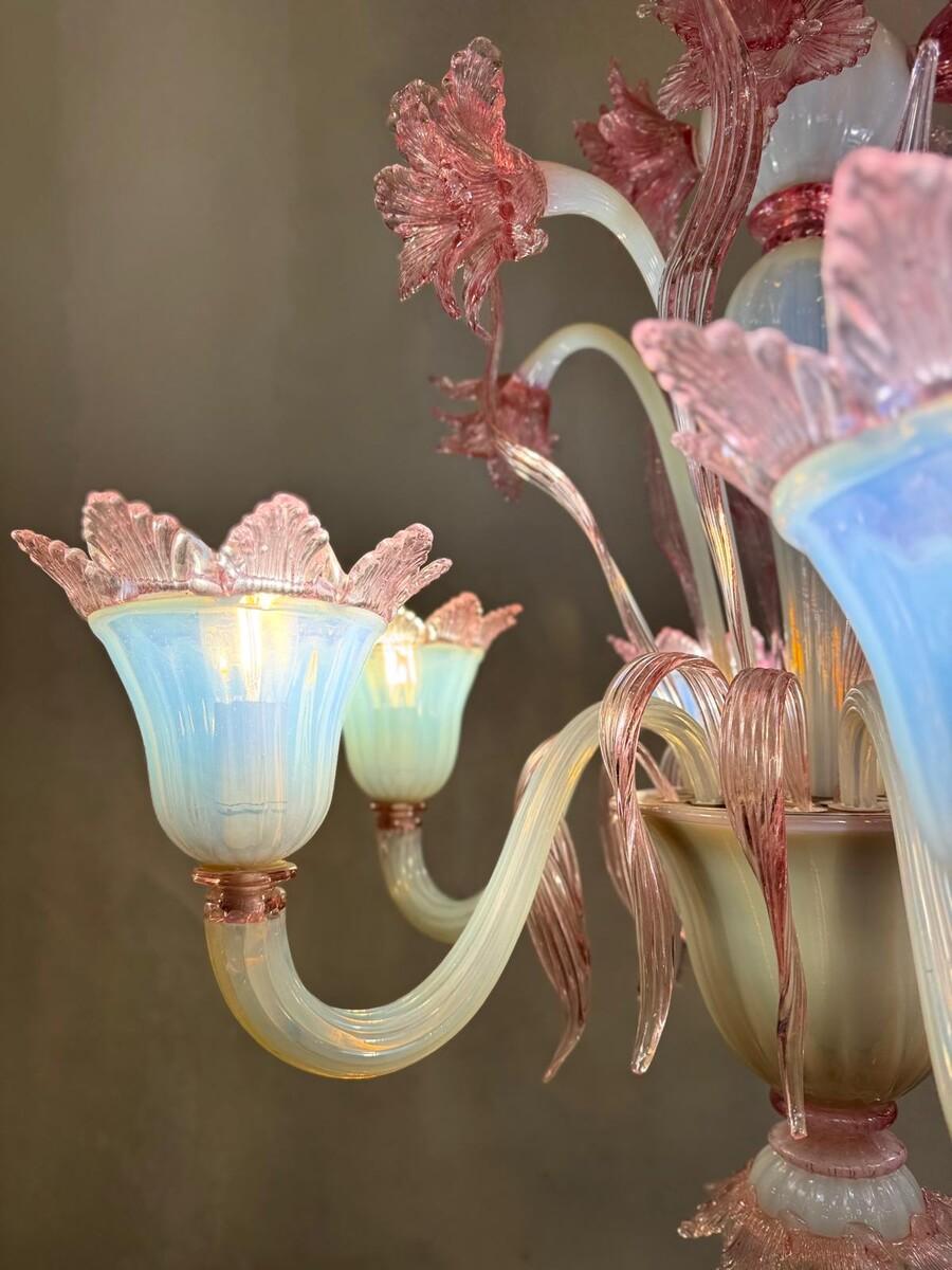 Lampadario a 6 luci di Murano rosa, anni '50 in vendita 1