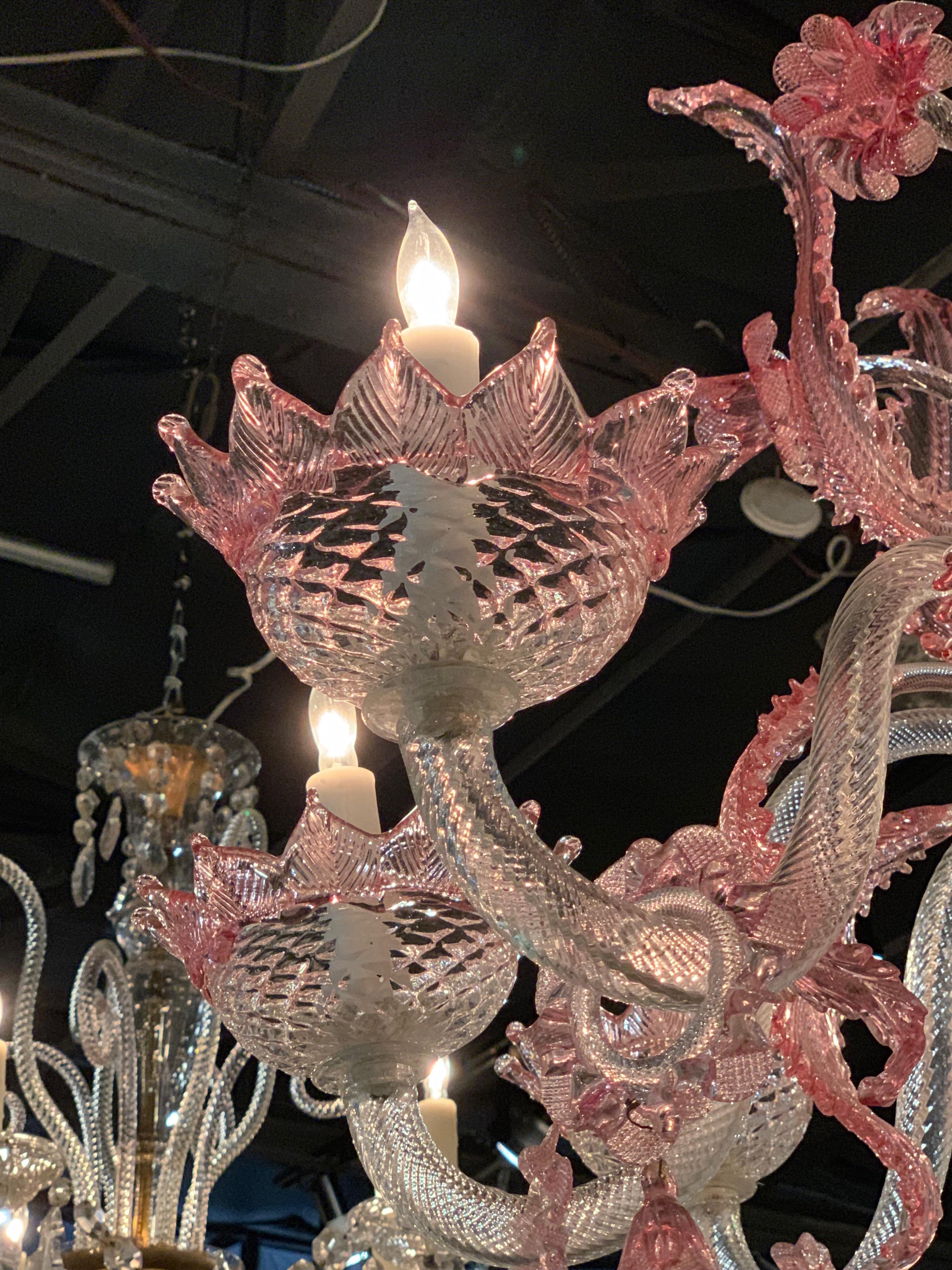 Pink Murano 8-Light Chandelier In Good Condition In Dallas, TX