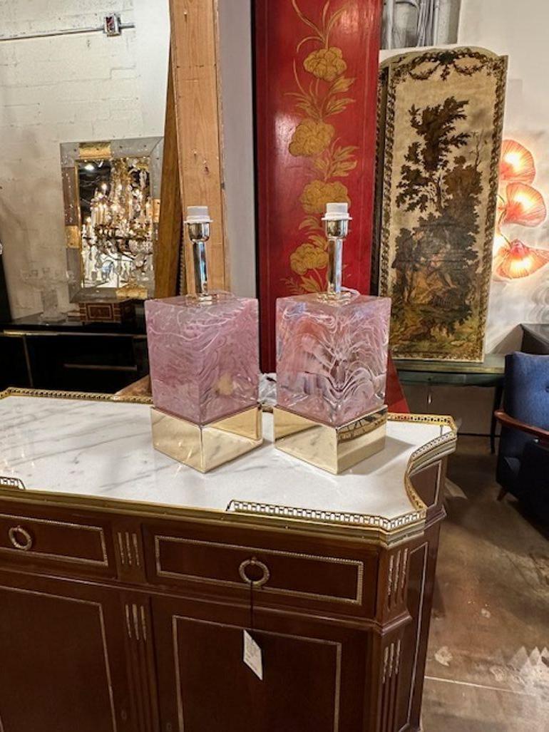 Pair of Murano pink glass and brass block lamps. Circa 2000. Perfect for today's transitional designs!