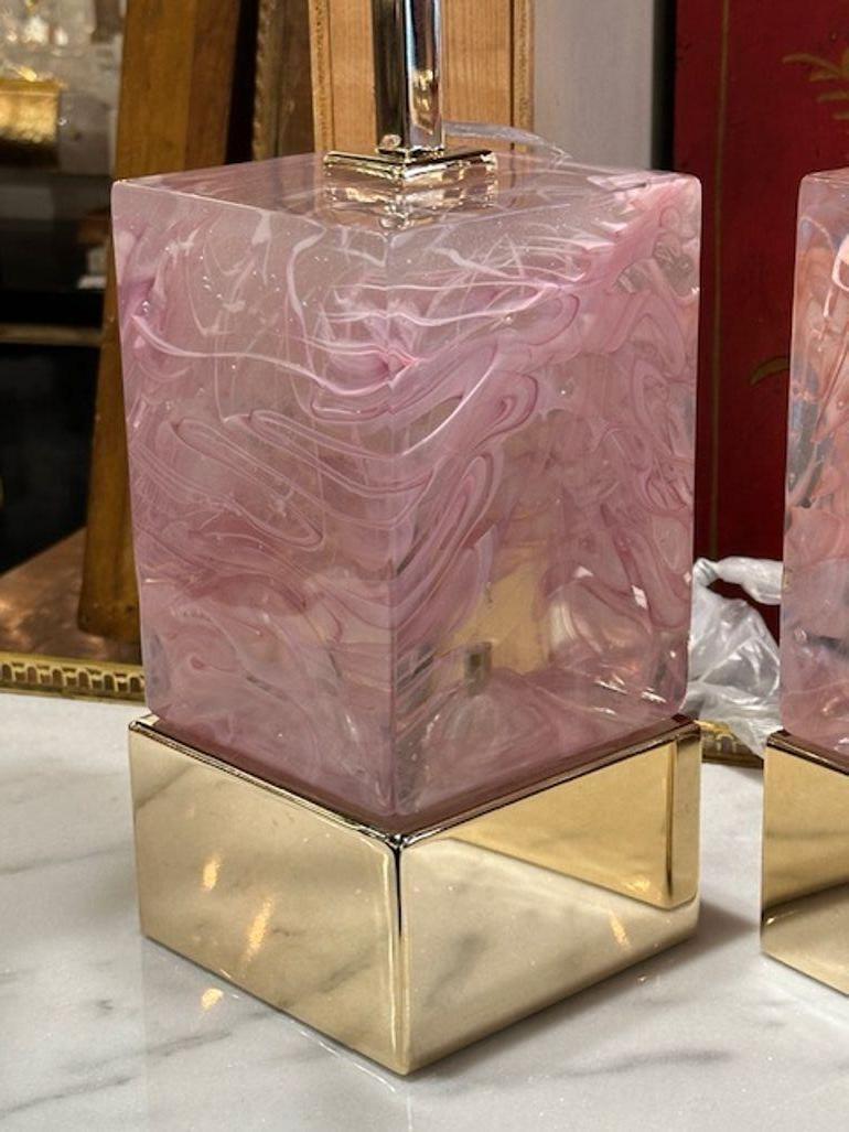 Pink Murano Block Lamps In Good Condition For Sale In Dallas, TX