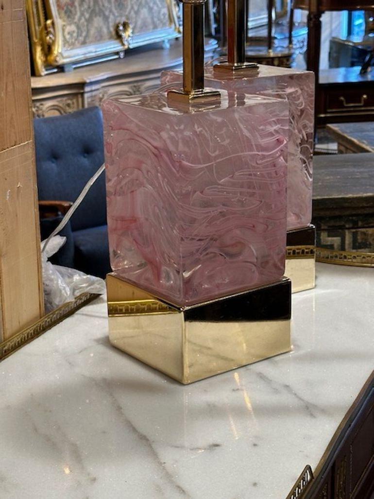 Blown Glass Pink Murano Block Lamps For Sale