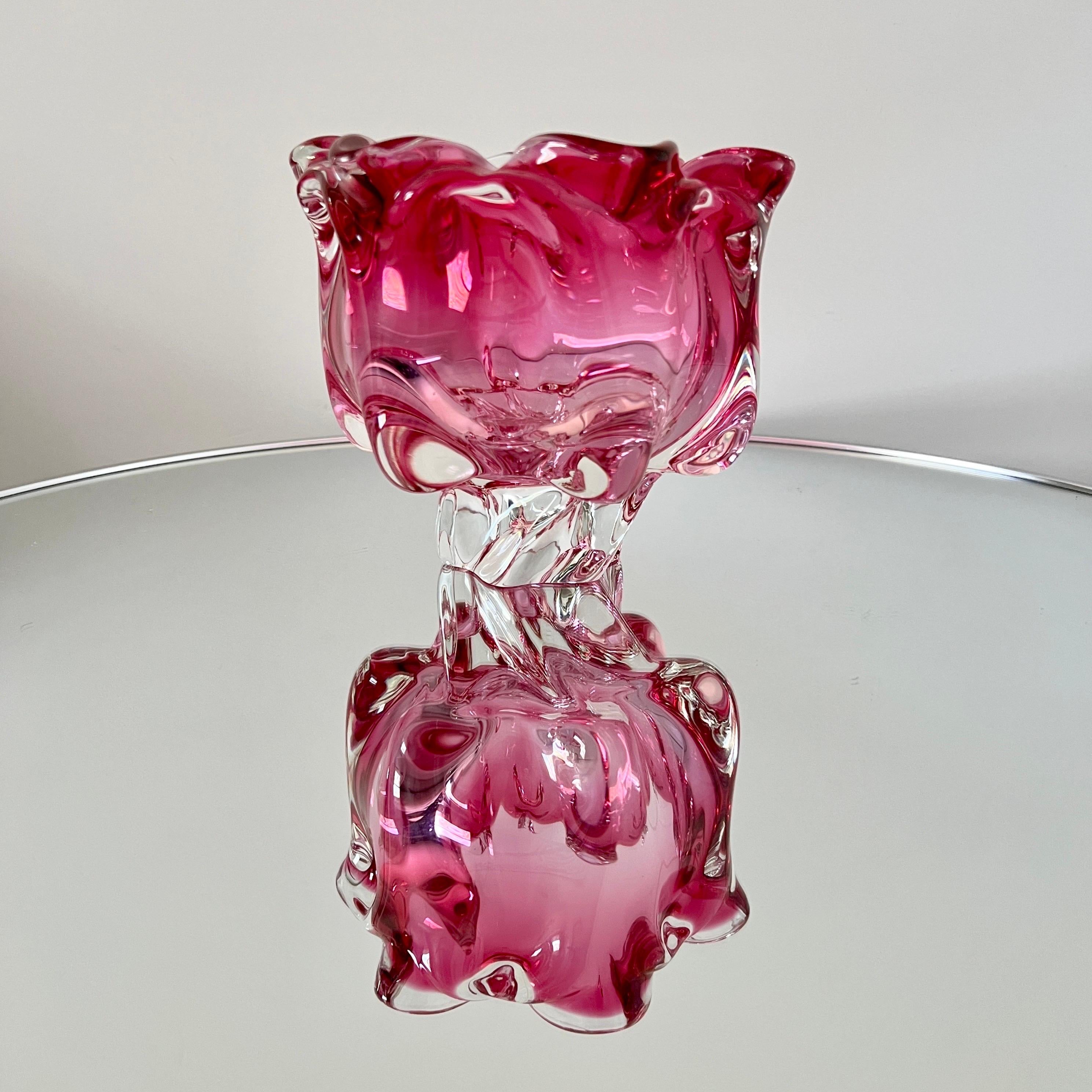 Pink Murano Floral Vase with Footed Base by Fratelli Toso, c. 1950's In Good Condition For Sale In Fort Lauderdale, FL