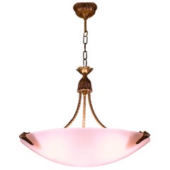 Pink Murano Glass and Brass Art Deco Style Chandelier, 1970s