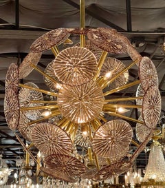 Pink Murano Glass and Brass Disc Form Sputnik Sphere Chandelier