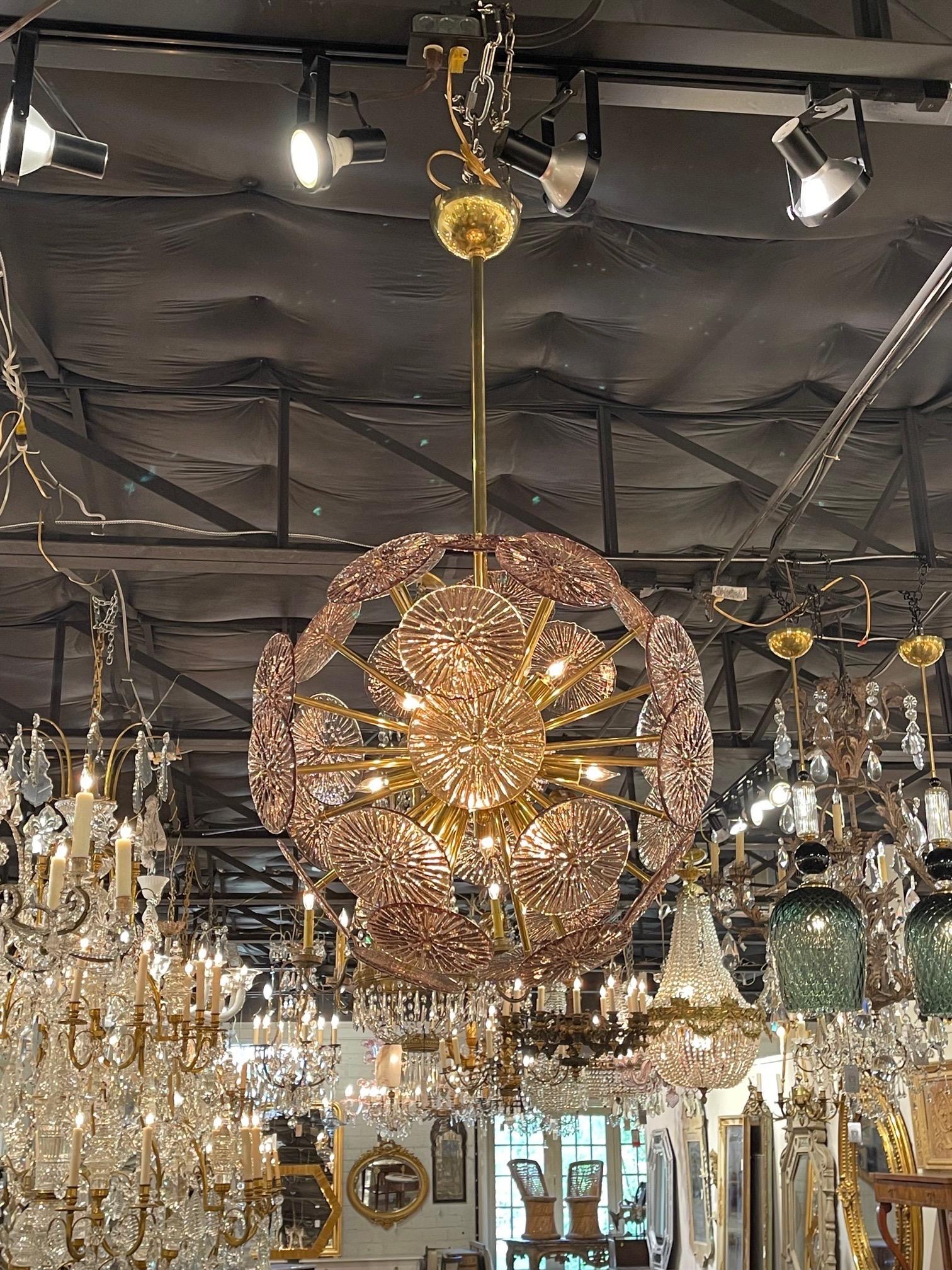 Italian Pink Murano Glass and Brass Disc Form Sputnik Sphere Chandelier For Sale