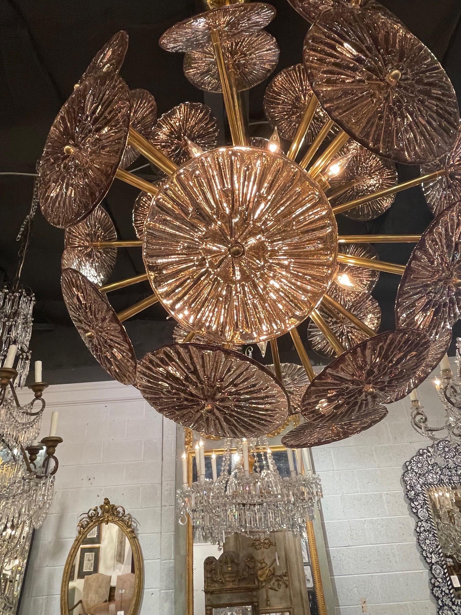 Pink Murano Glass and Brass Disc Form Sputnik Sphere Chandelier In Good Condition For Sale In Dallas, TX