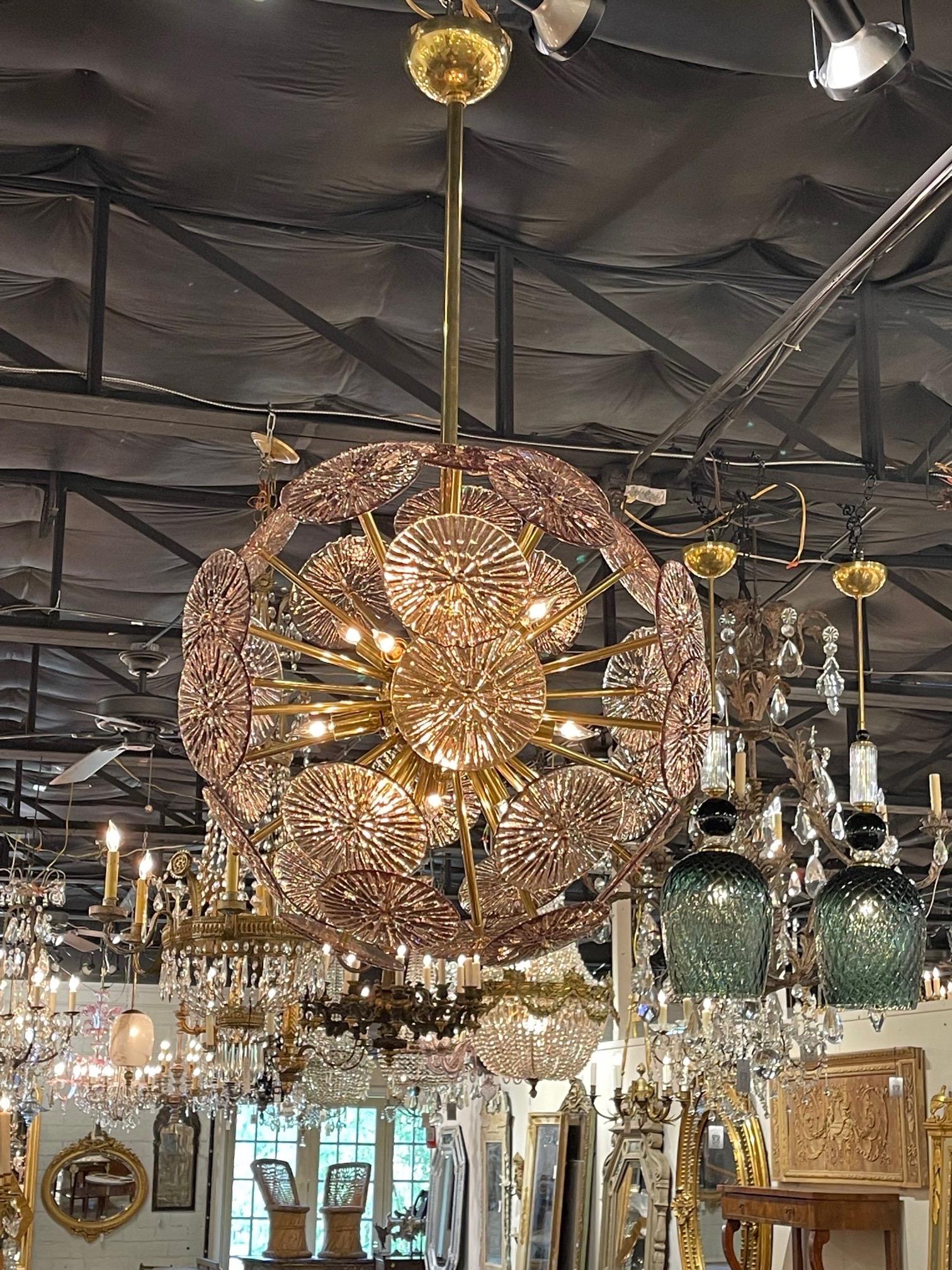 Pink Murano Glass and Brass Disc Form Sputnik Sphere Chandelier For Sale 2