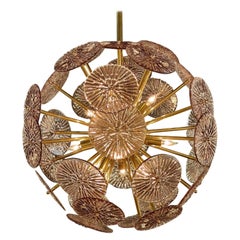 Lampadario a sfera Sputnik in vetro di Murano rosa e ottone a forma di disco