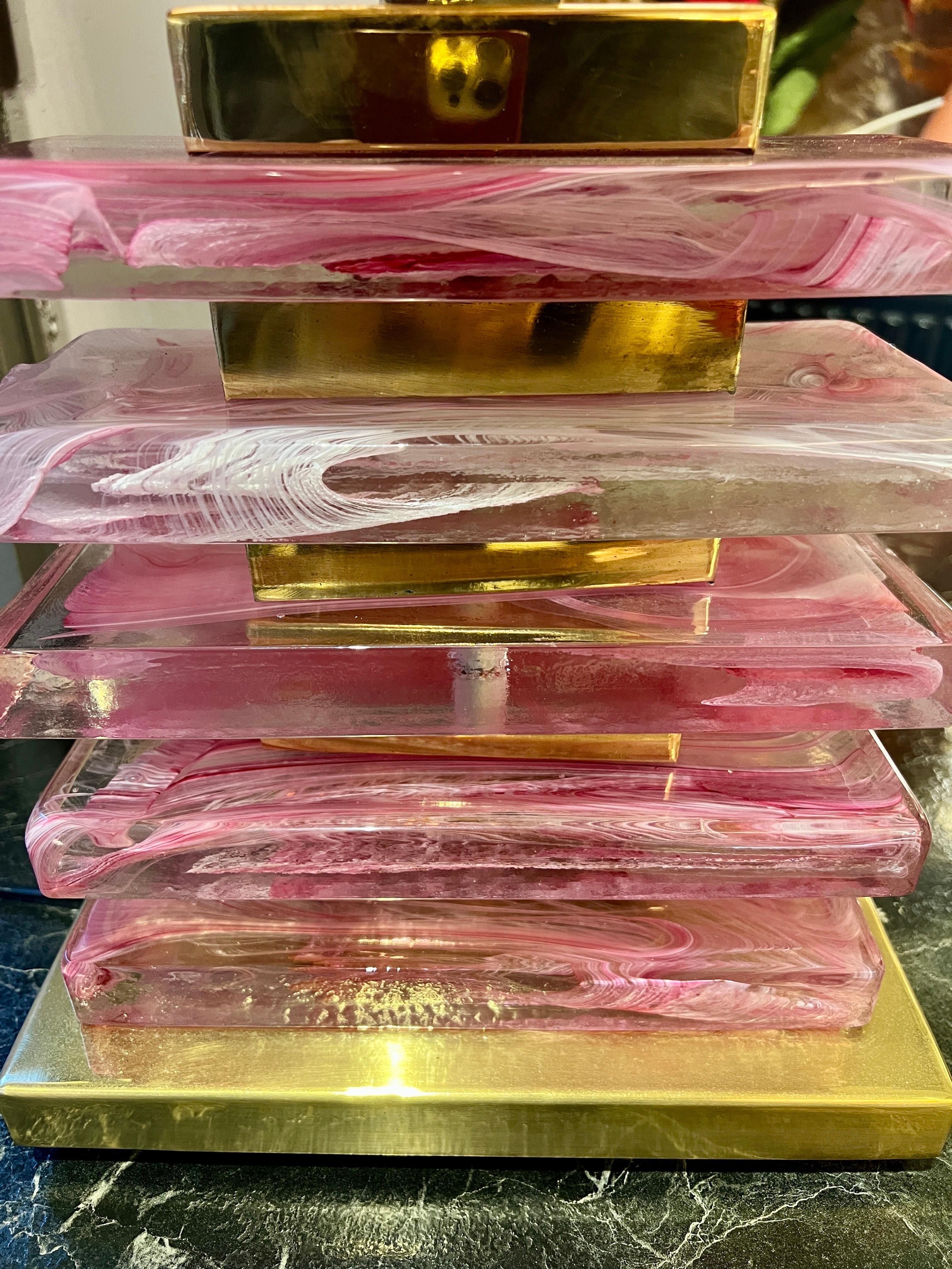Lámpara de sobremesa de bloques de cristal de Murano rosa y pantalla artesanal, años 70 en venta 5