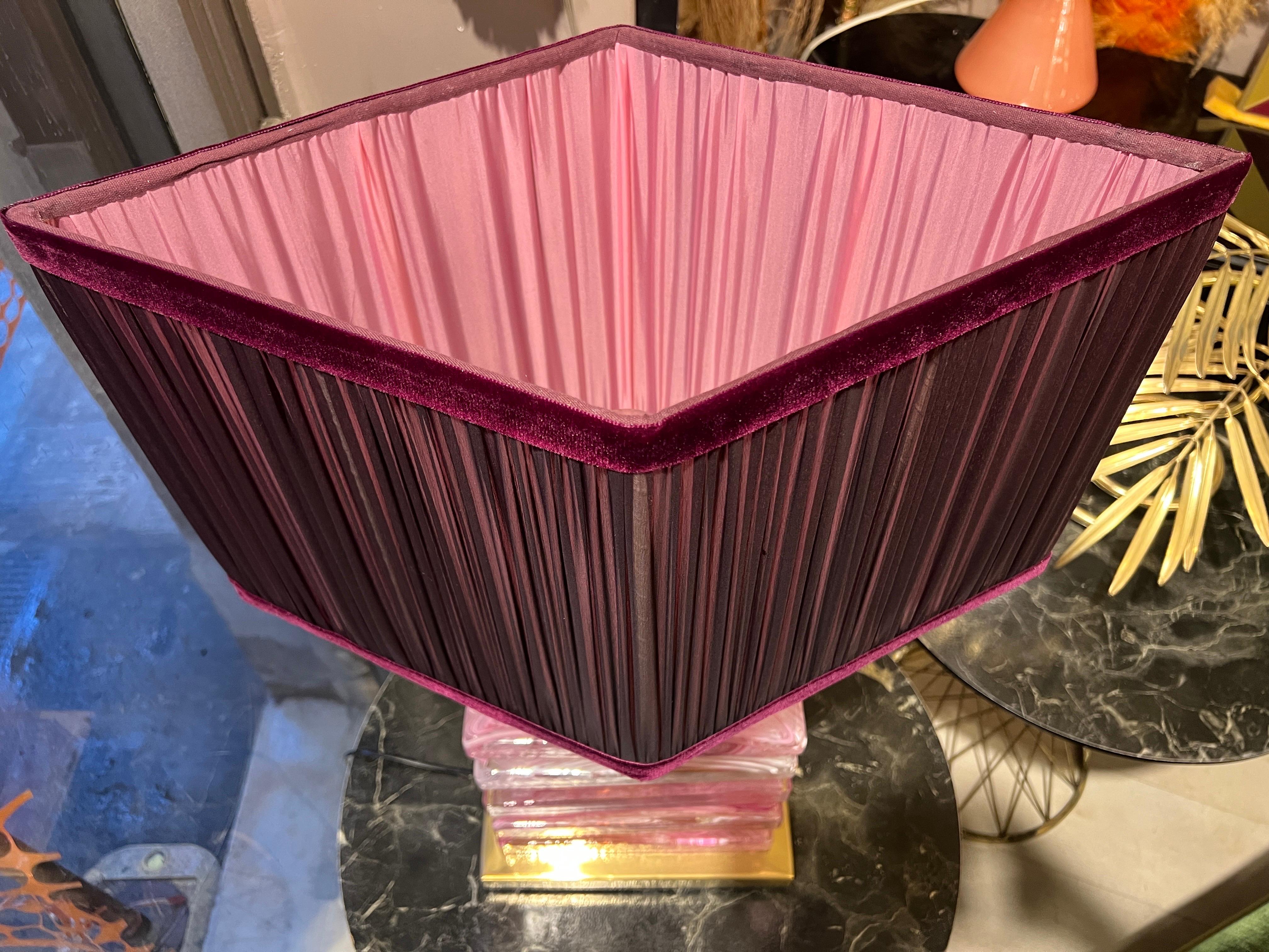 Lámpara de sobremesa de bloques de cristal de Murano rosa y pantalla artesanal, años 70 en venta 9