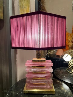 Pink Murano Glass Blocks Table Lamp and Our Handcrafted Lampshade, 1970s