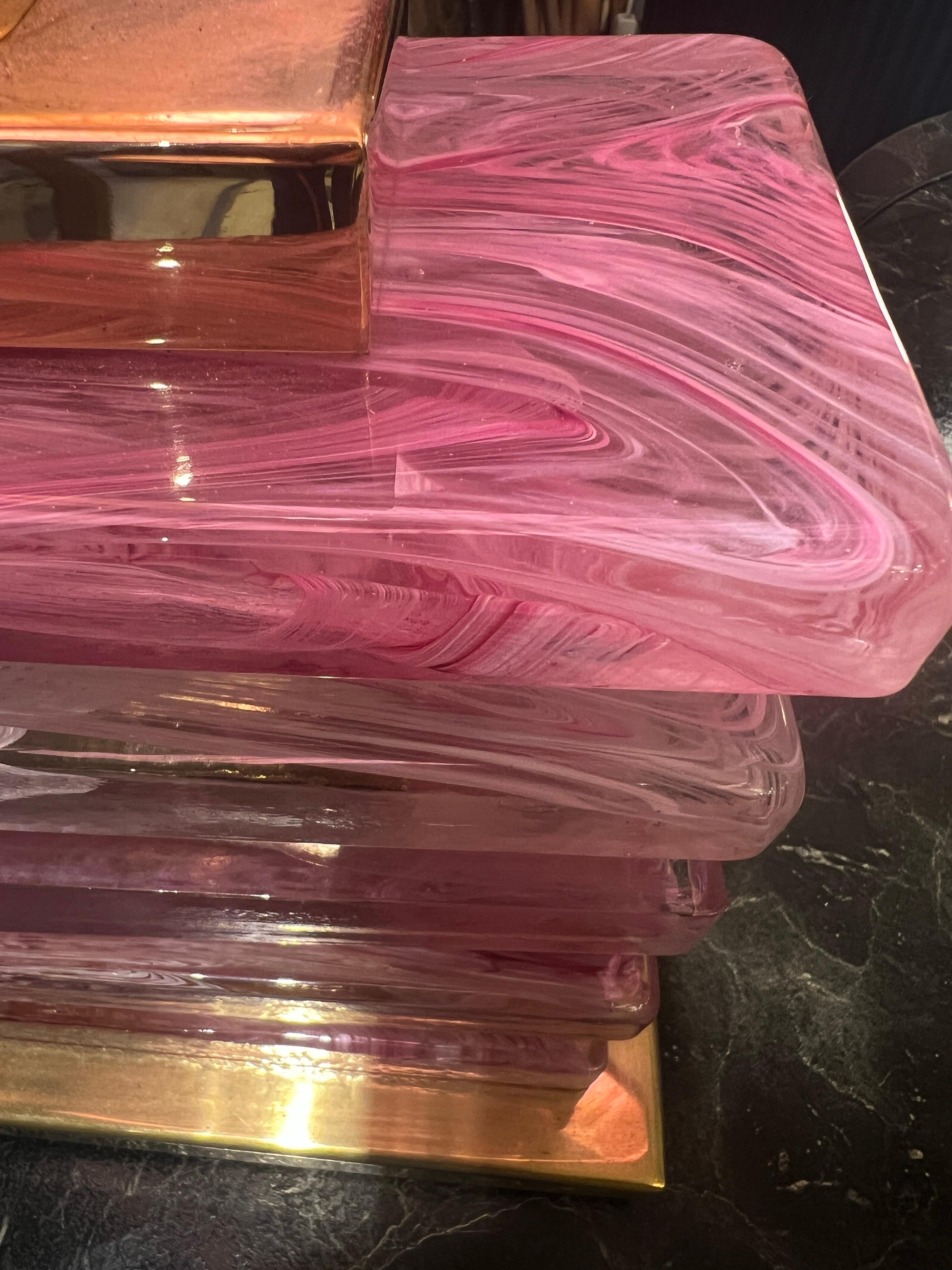 Lámpara de sobremesa de bloques de cristal de Murano rosa y pantalla artesanal, años 70 en venta 3