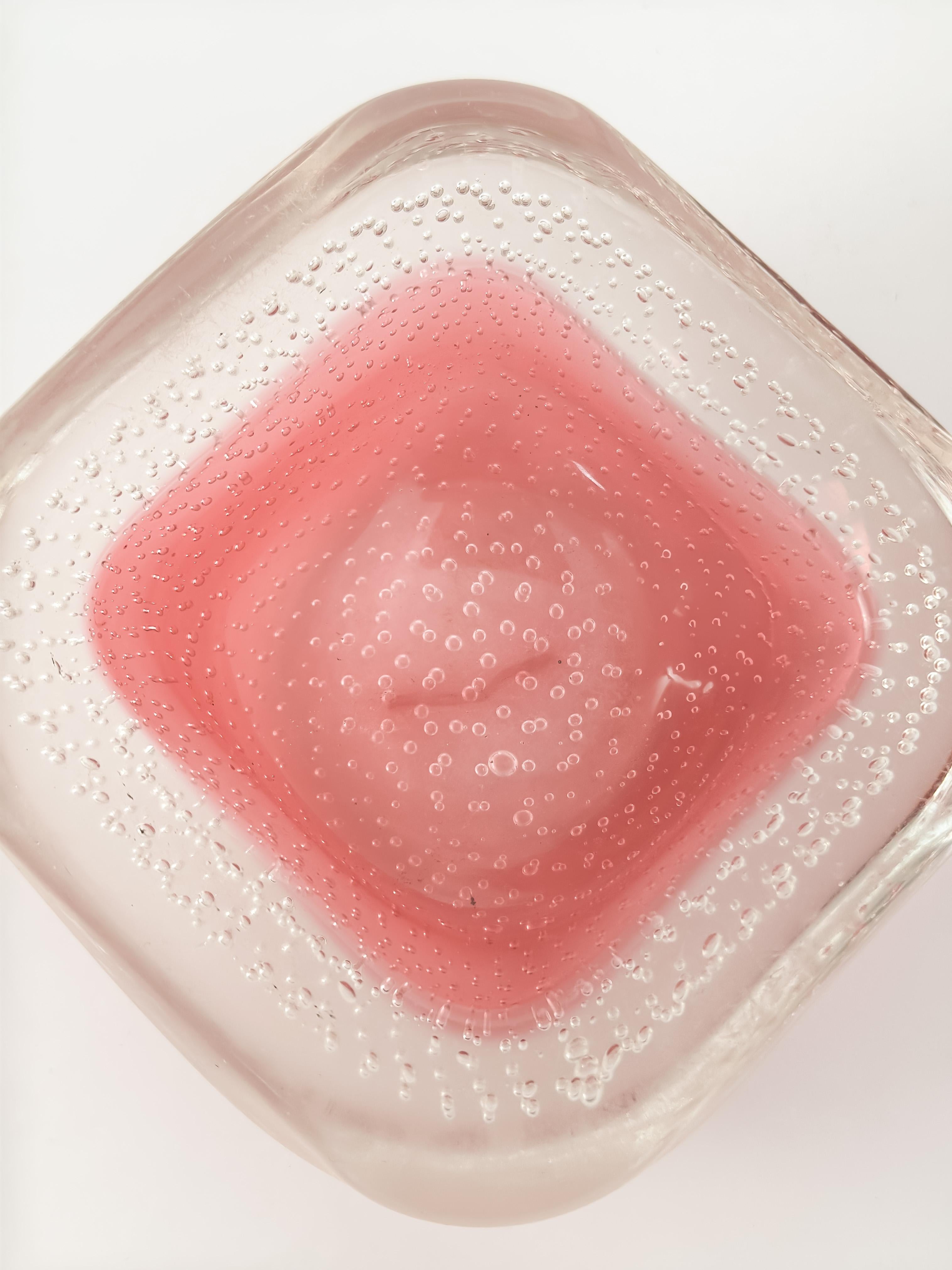 Rosa Murano-Glas Schale, quadratisch Sommerso Bubbled Bullicante c.1960s Italien (Mitte des 20. Jahrhunderts) im Angebot