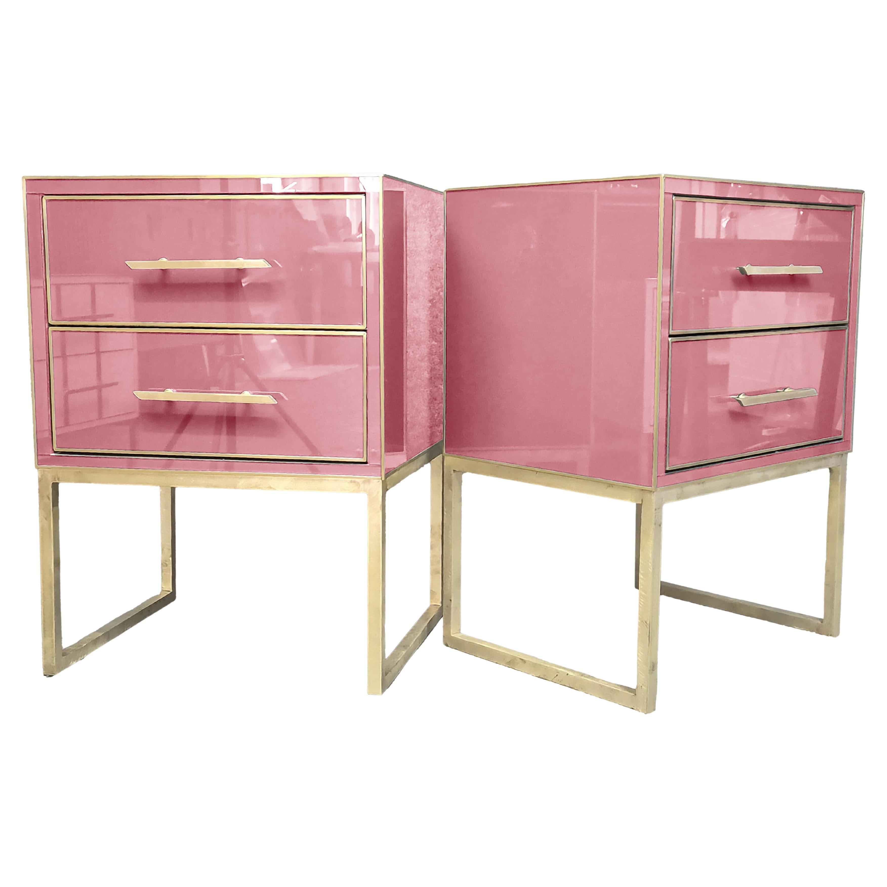 Pink Murano Glass & Brass Luxury Bedside Tables: Italian Artistry Modern Bedroom