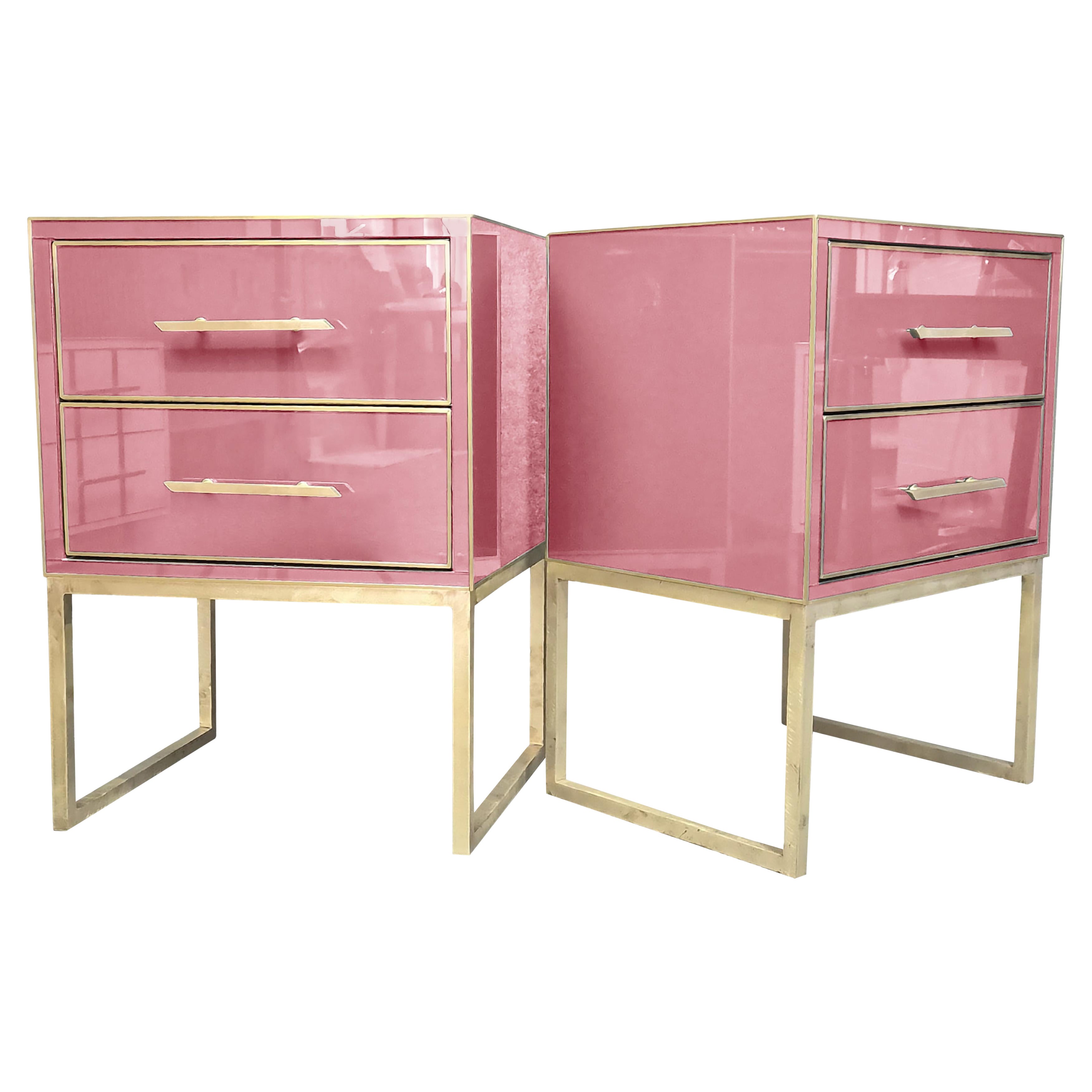 Pink Murano Glass & Brass Luxury Bedside Tables: Italian Justfurnituress Design in vendita