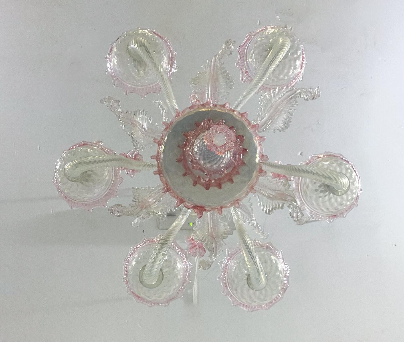 Lampadario in vetro di Murano rosa, anni '50 in vendita 4