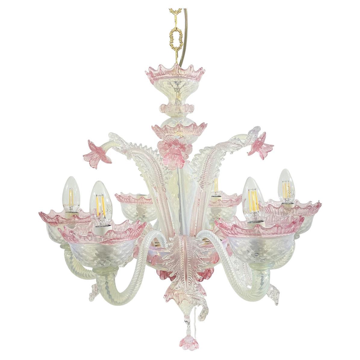 Lampadario in vetro di Murano rosa, anni '50 in vendita