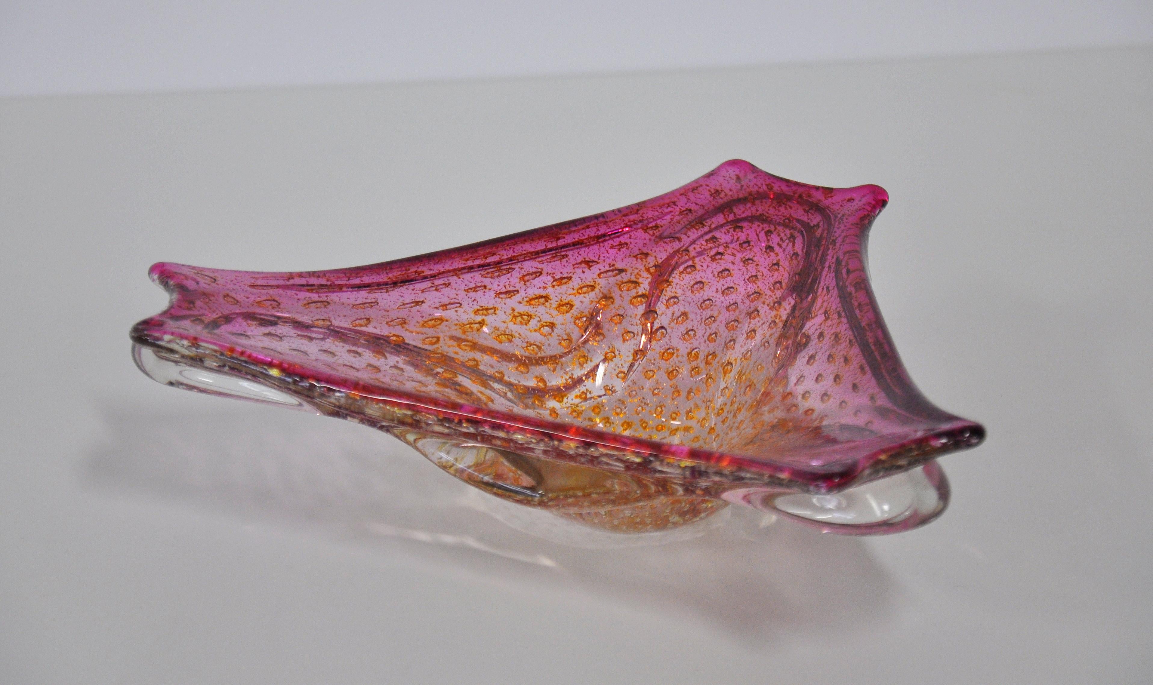 Pink Murano Glass Controlled Bubbles and Gold Aventurine Bowl 3