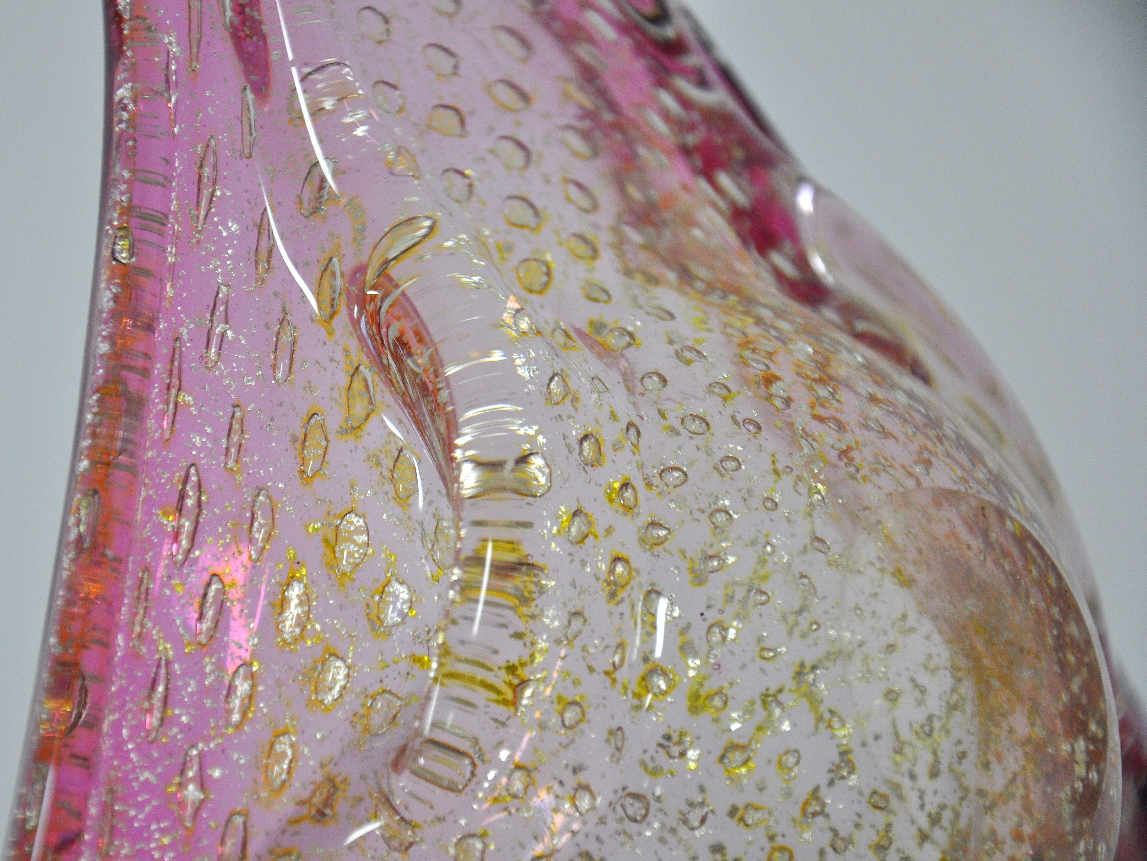 Pink Murano Glass Controlled Bubbles and Gold Aventurine Bowl 4