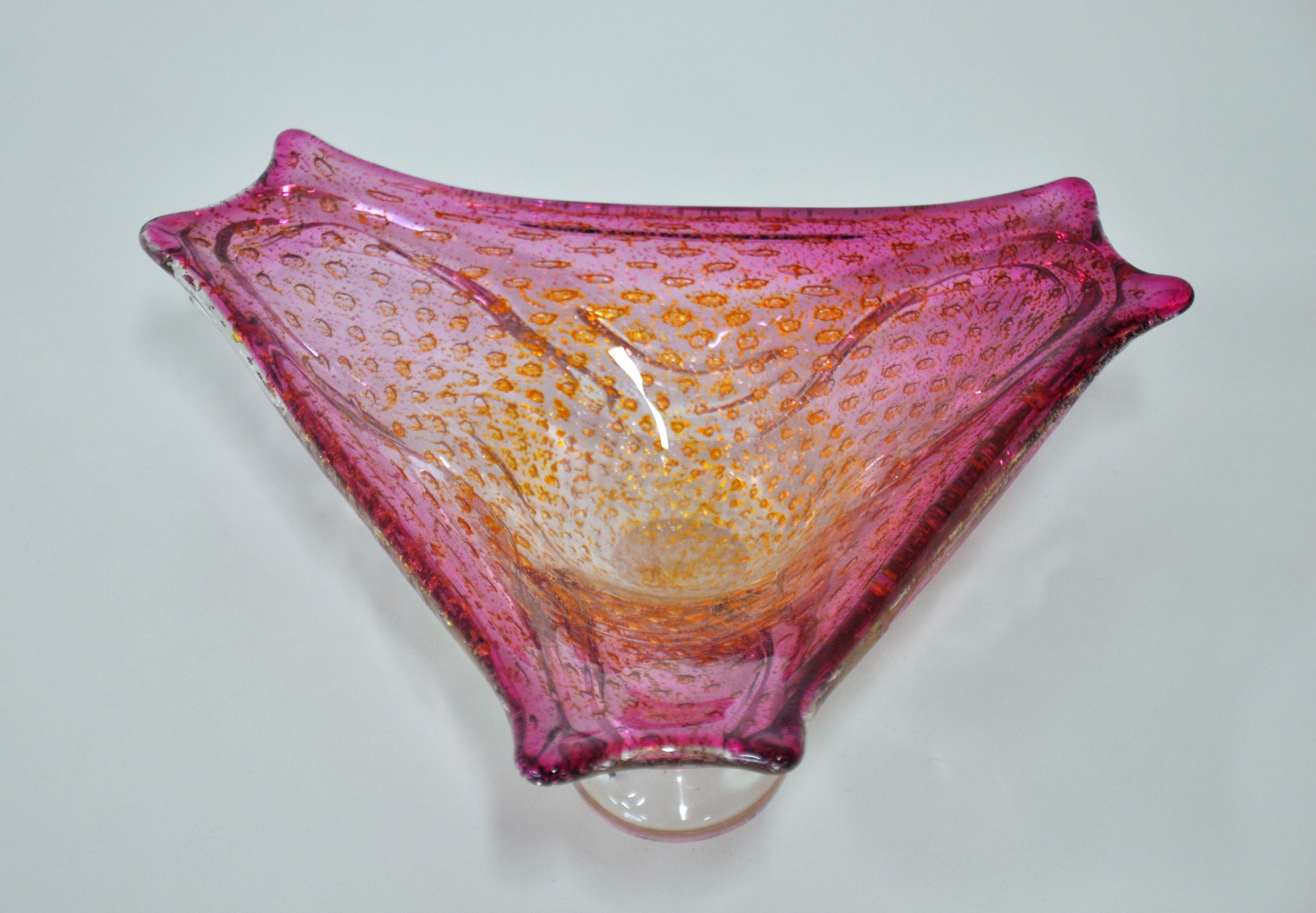 Italian Pink Murano Glass Controlled Bubbles and Gold Aventurine Bowl