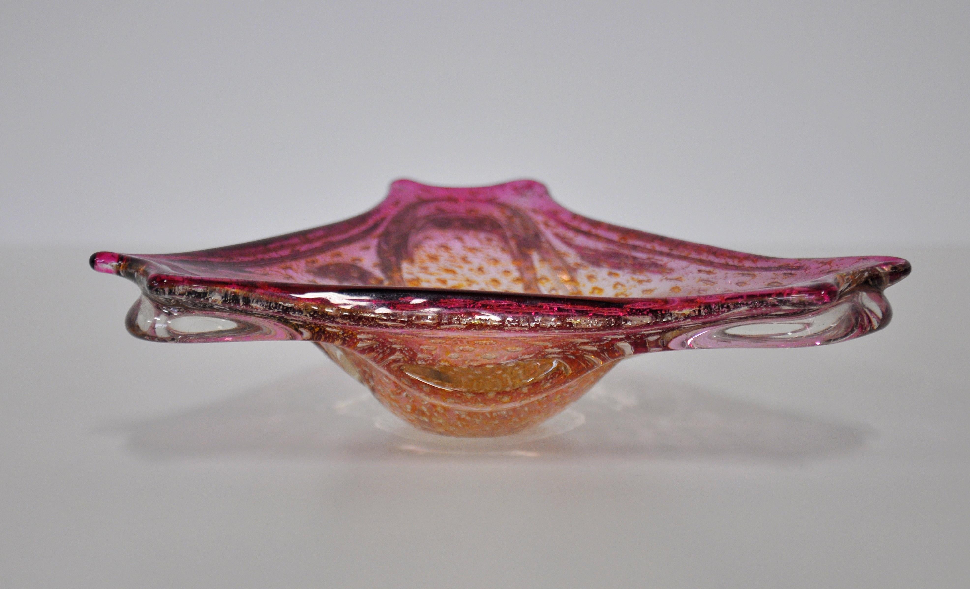 Art Glass Pink Murano Glass Controlled Bubbles and Gold Aventurine Bowl