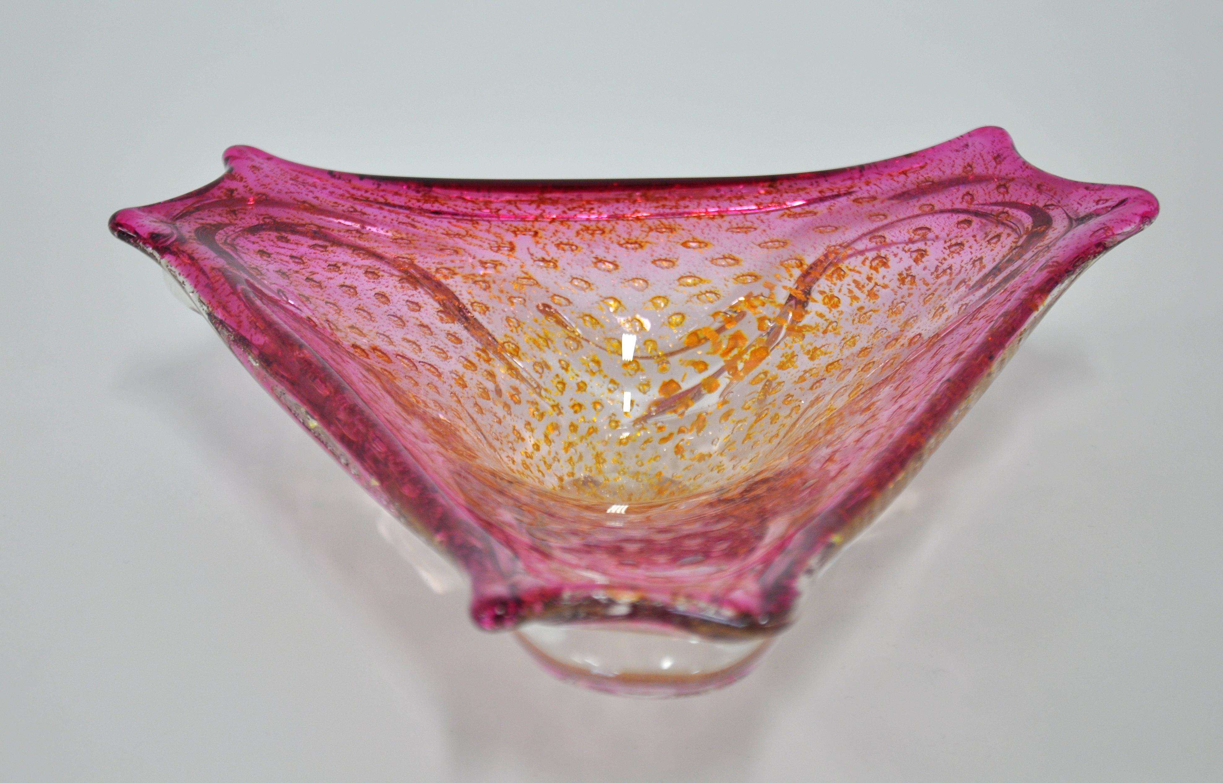 Pink Murano Glass Controlled Bubbles and Gold Aventurine Bowl 2