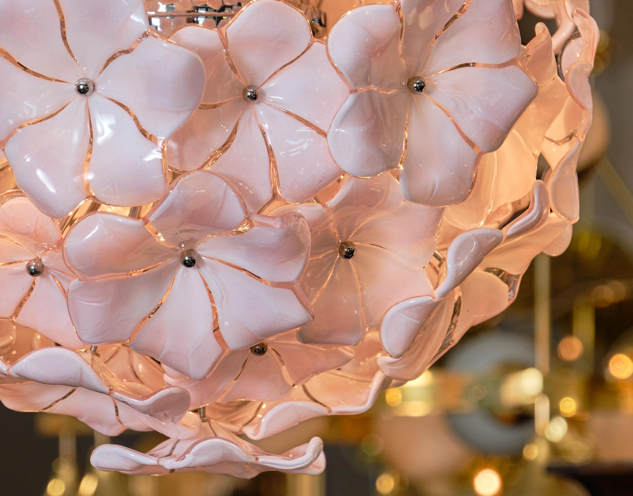 Modern Pink Murano Glass Flower Chandelier  For Sale