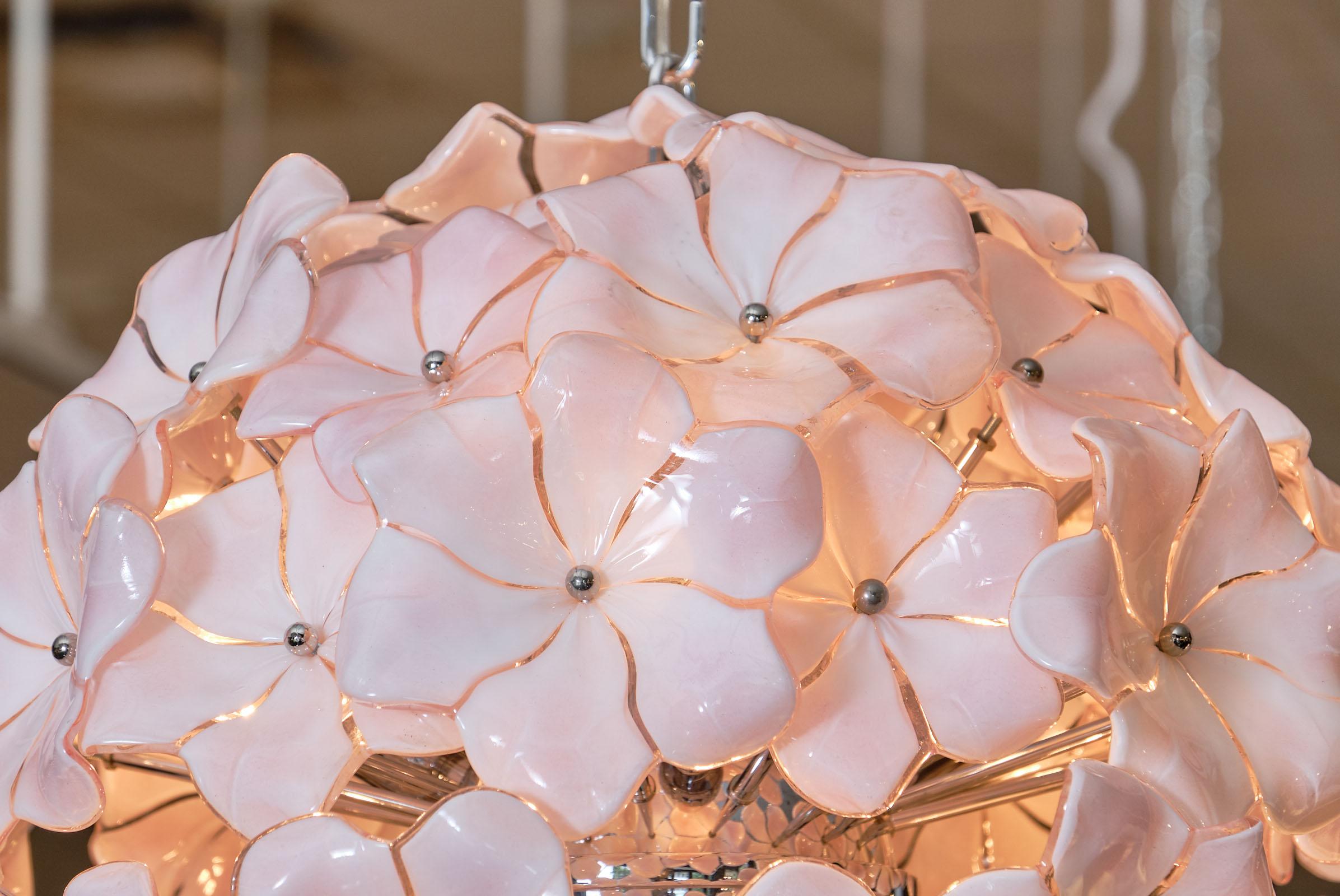 Italian Pink Murano Glass Flower Chandelier  For Sale