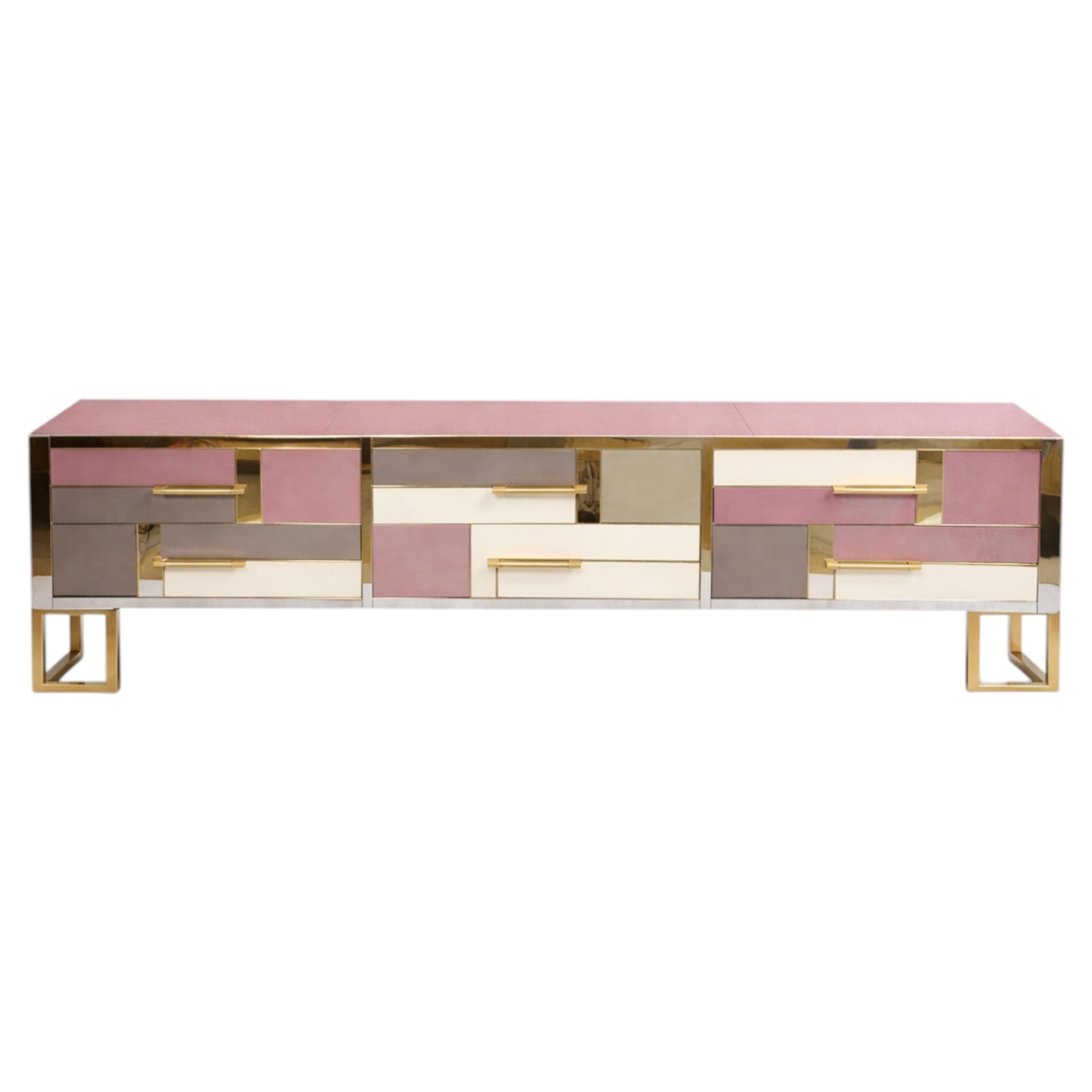 Pink Murano Glass Italian Sideboard with Brass Base