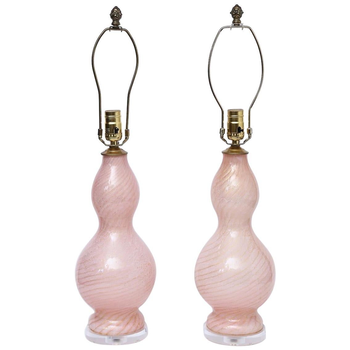 Pink Murano Glass Lamps, a Pair