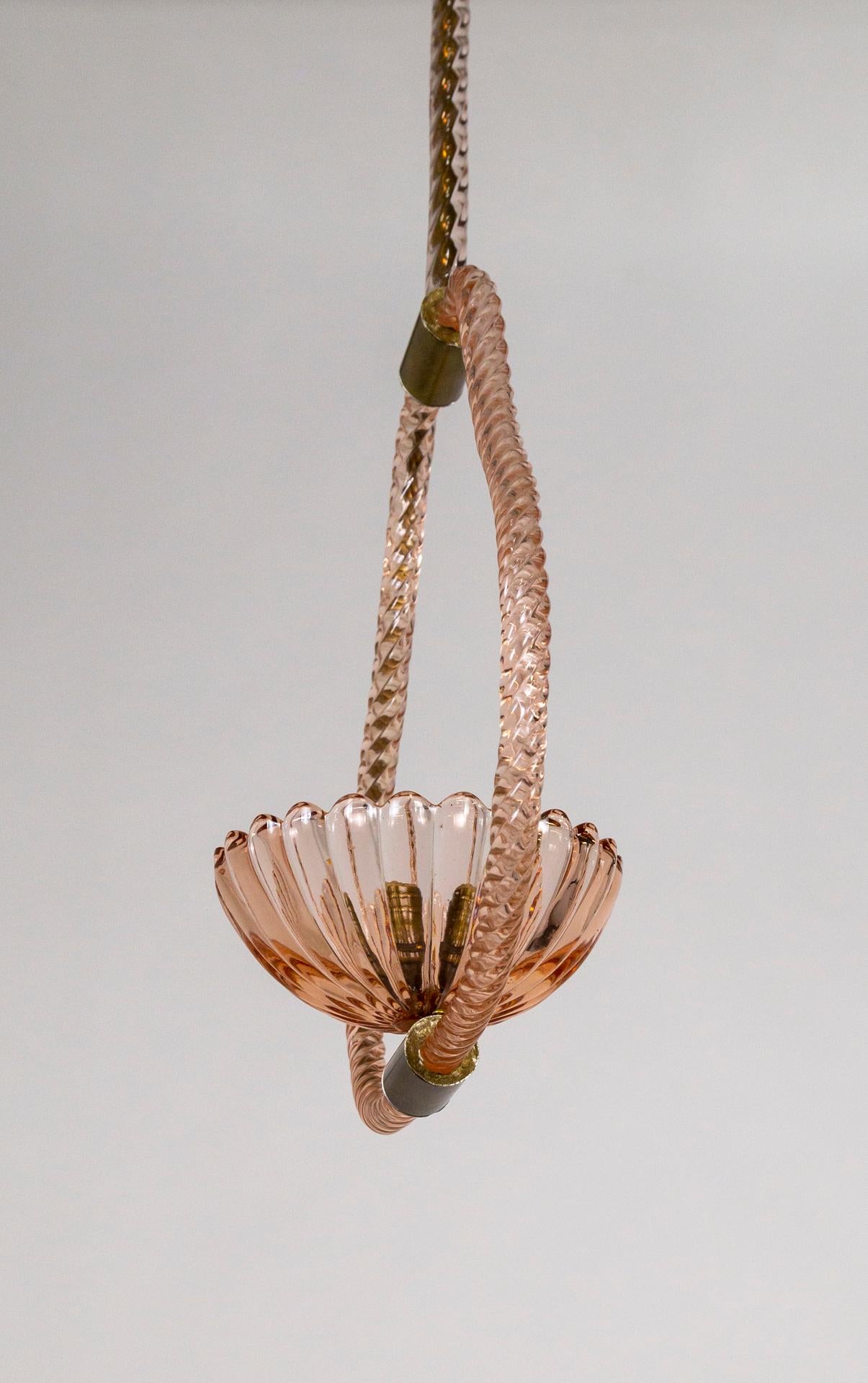 Lampe à suspension en verre de Murano rose avec cadre en corde par Barovier 3