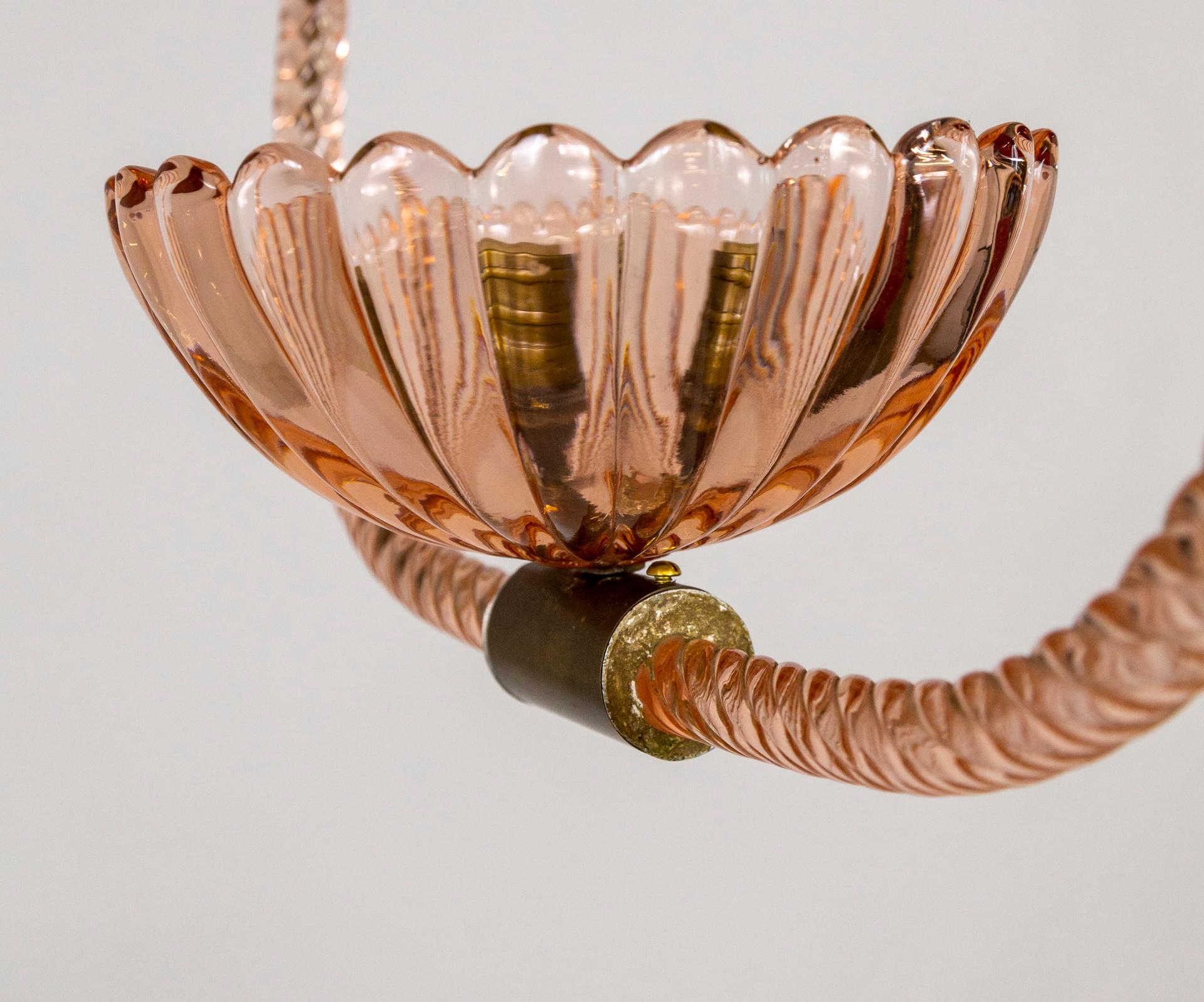 Hängeleuchte mit Seilrahmen aus rosa Muranoglas von Barovier 5
