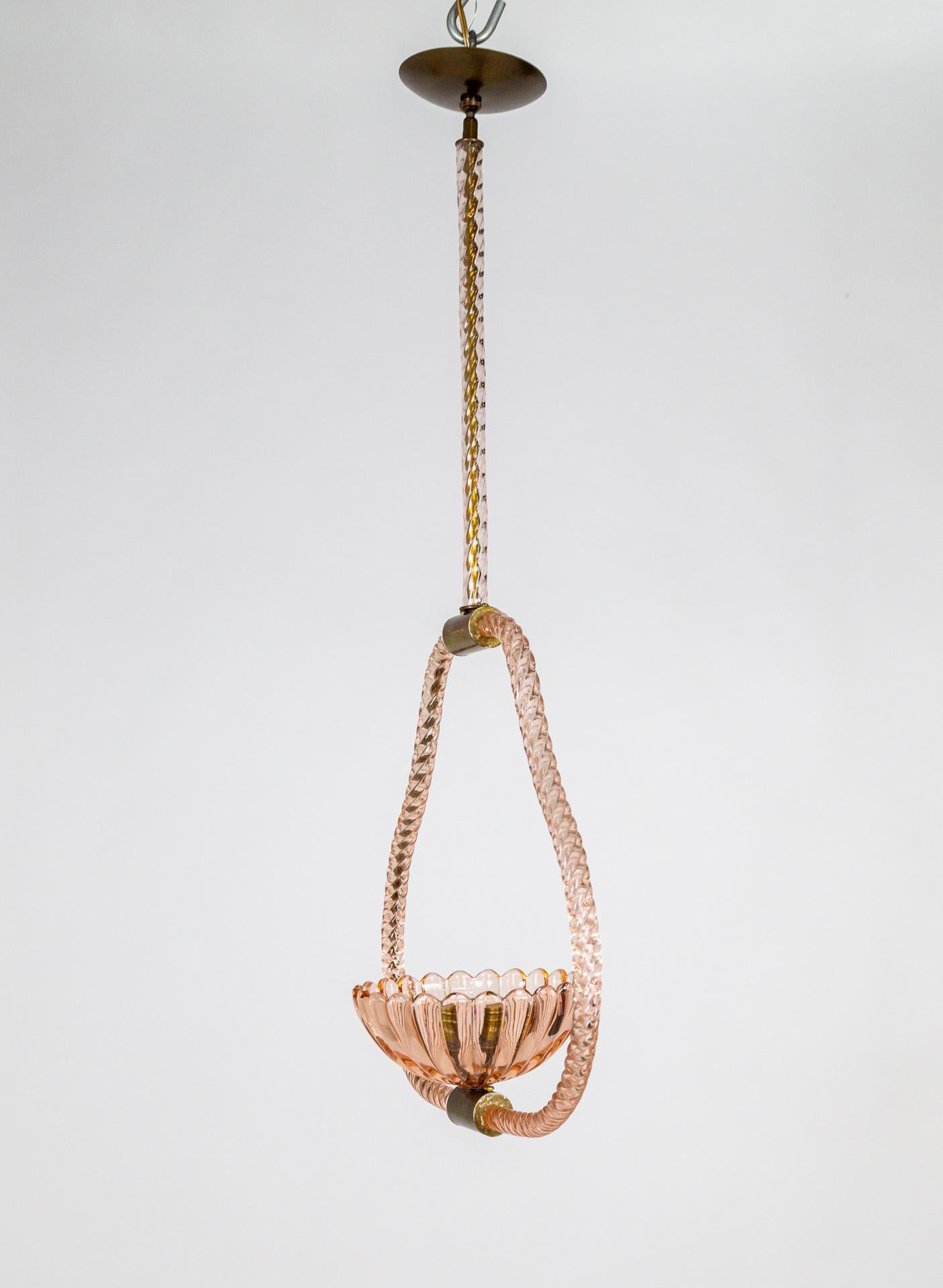 Italian Pink Murano Glass Rope Frame Pendant Light by Barovier
