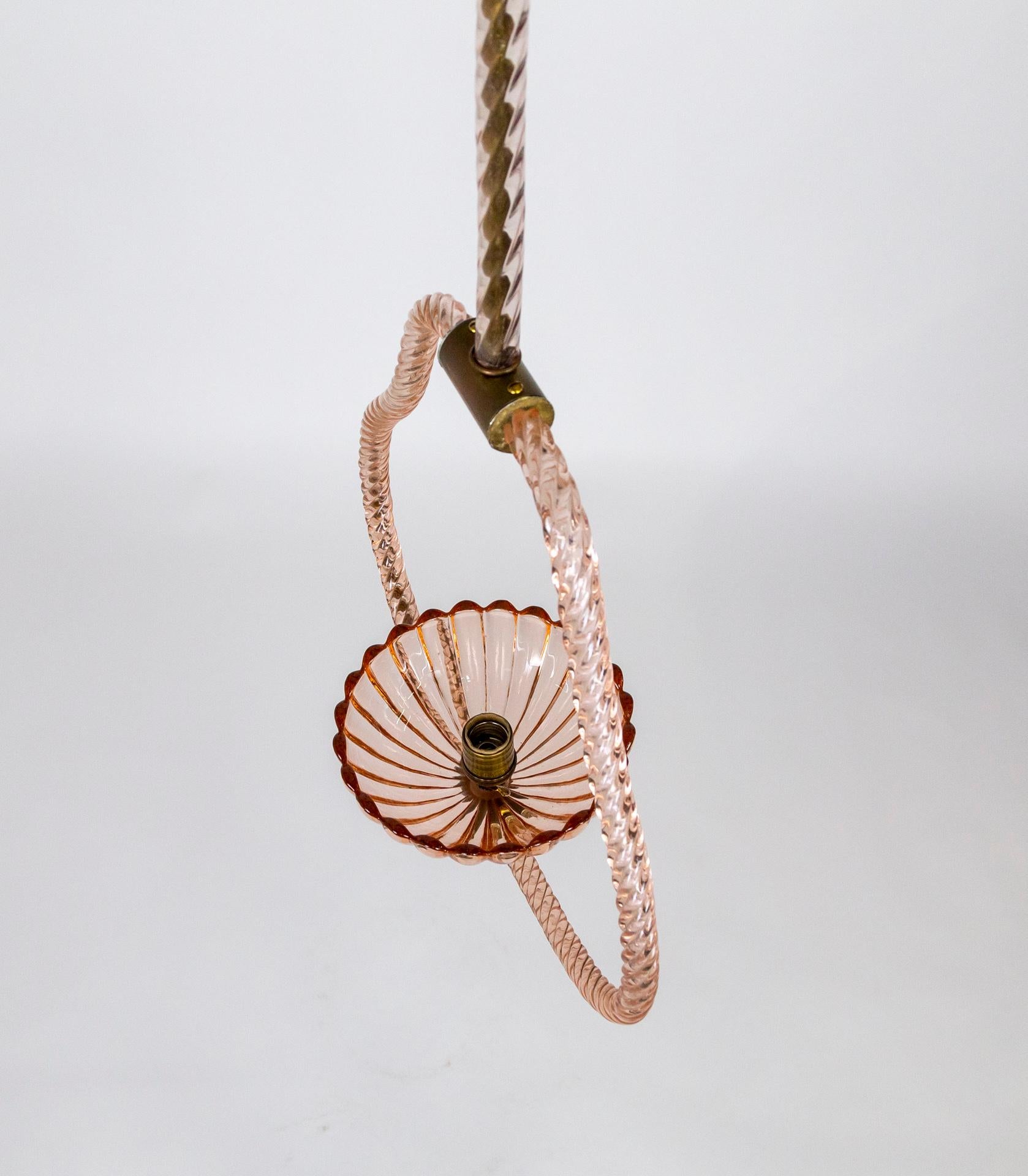 Hand-Crafted Pink Murano Glass Rope Frame Pendant Light by Barovier For Sale