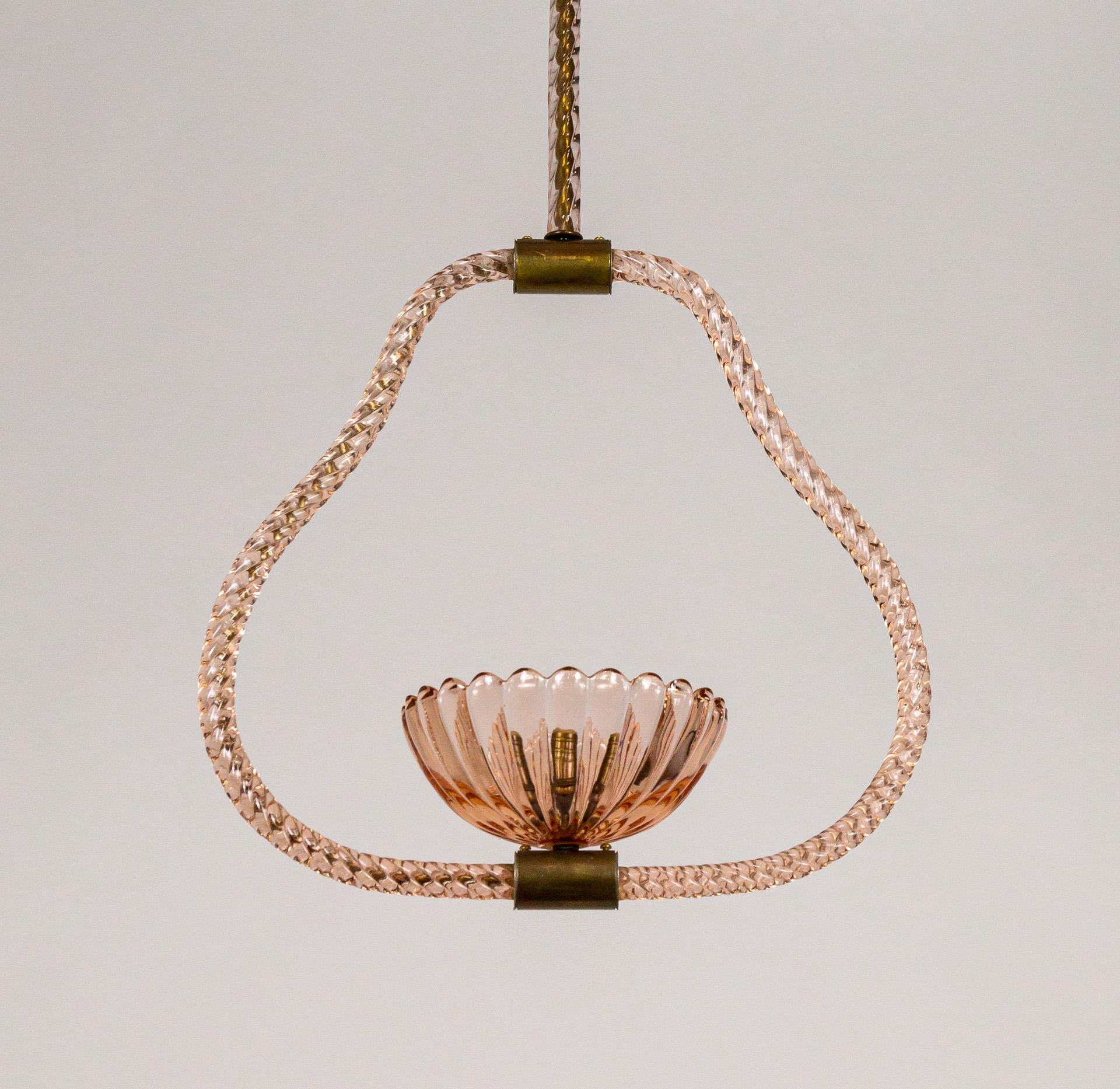 Pink Murano Glass Rope Frame Pendant Light by Barovier For Sale 1