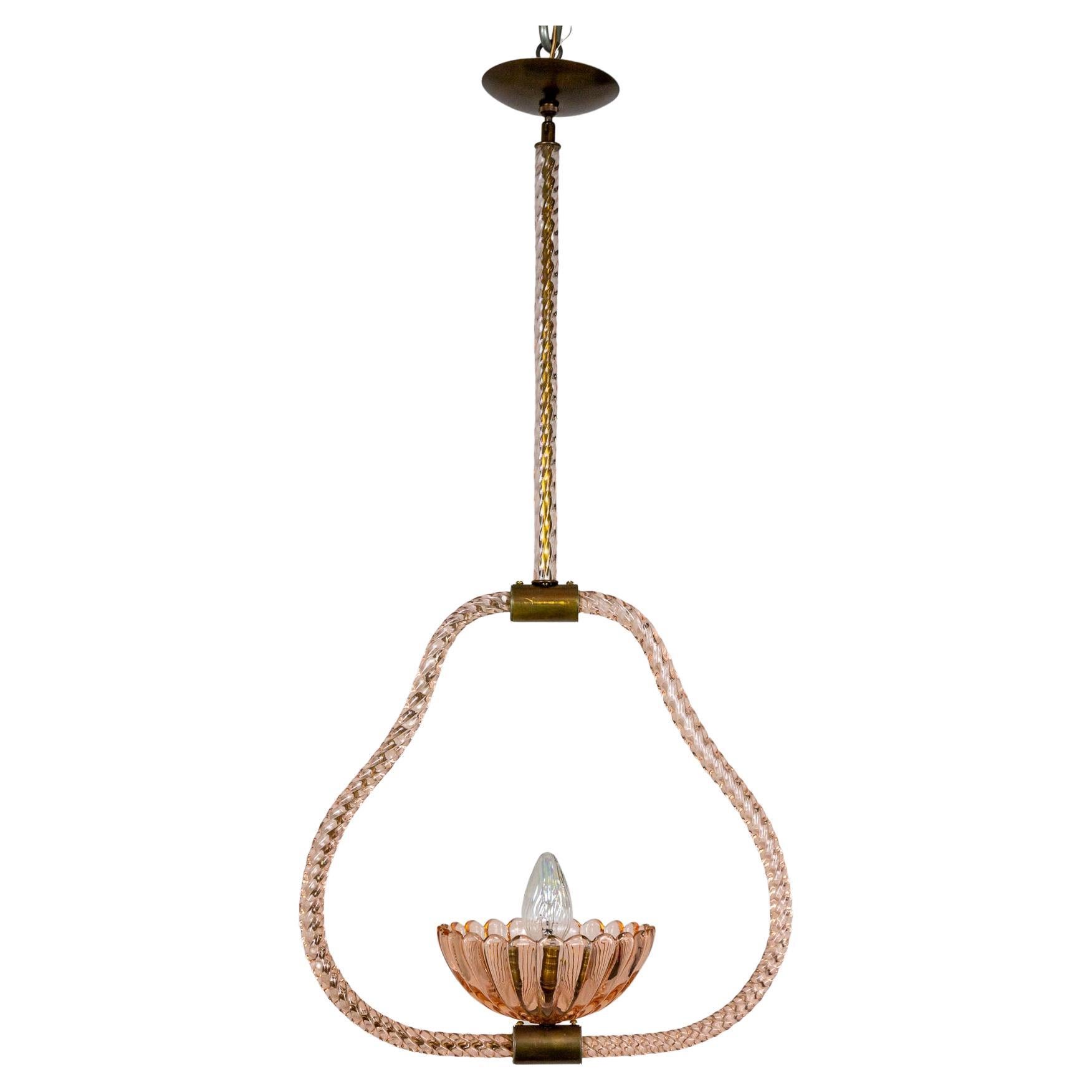 Lampe à suspension en verre de Murano rose avec cadre en corde par Barovier