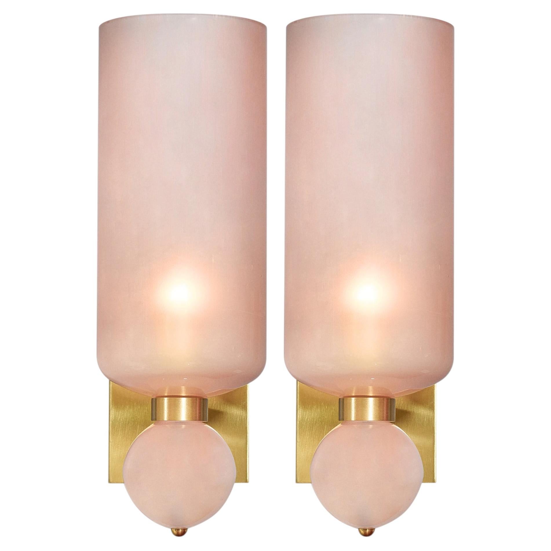 Italian Modern Pink Murano Glass Torchiere Sconces, Brass Frame, New
