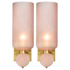 Italian Modern Pink Murano Glass Torchiere Sconces, Brass Frame, New