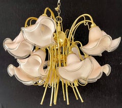 Pink Murano Glass Tulip-Form Brass Chandelier