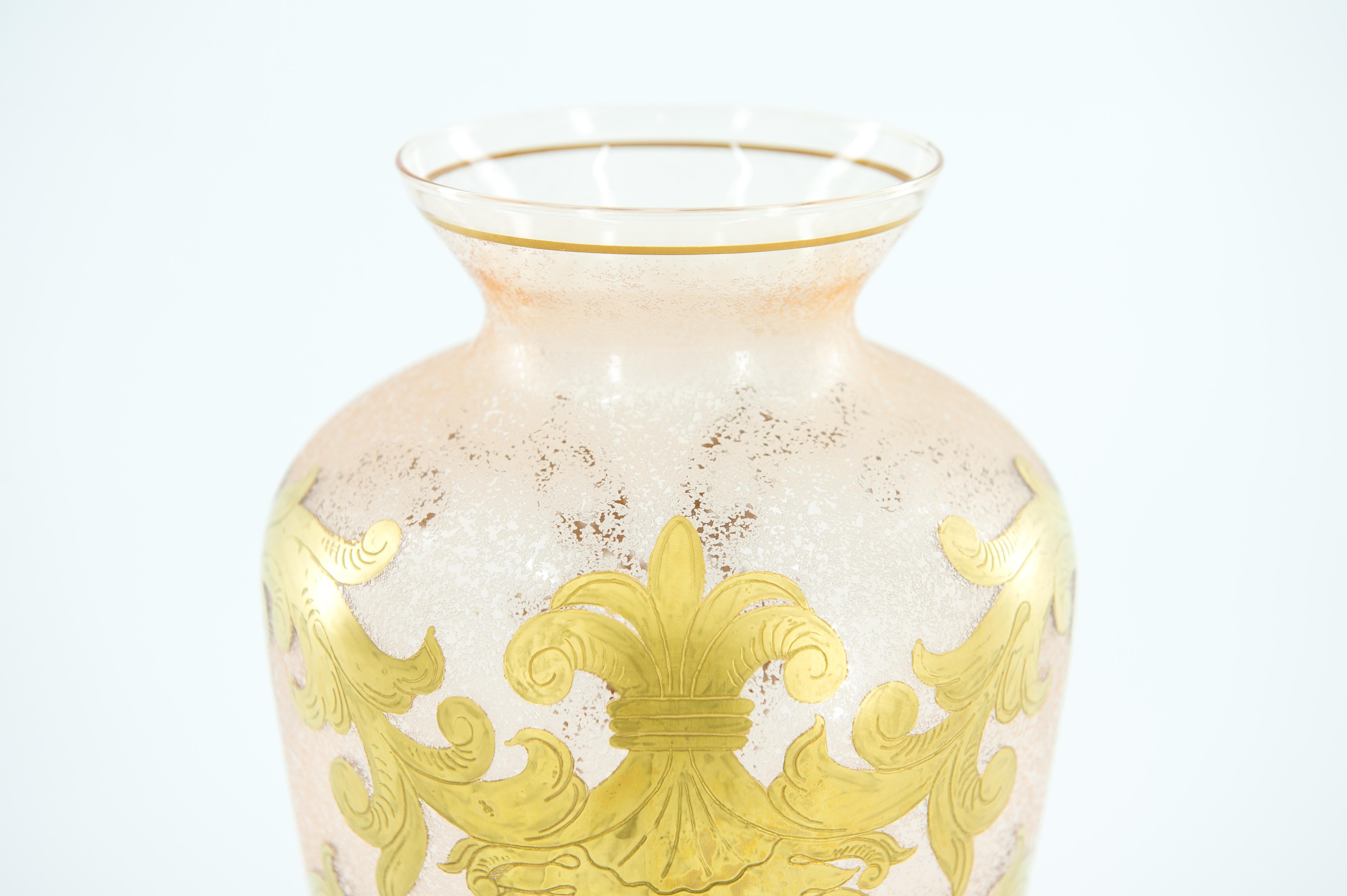 Mid-20th Century Pink Murano Glass Vase, Gold Hand Painted Decorative Motif, Mid-Century Modern For Sale