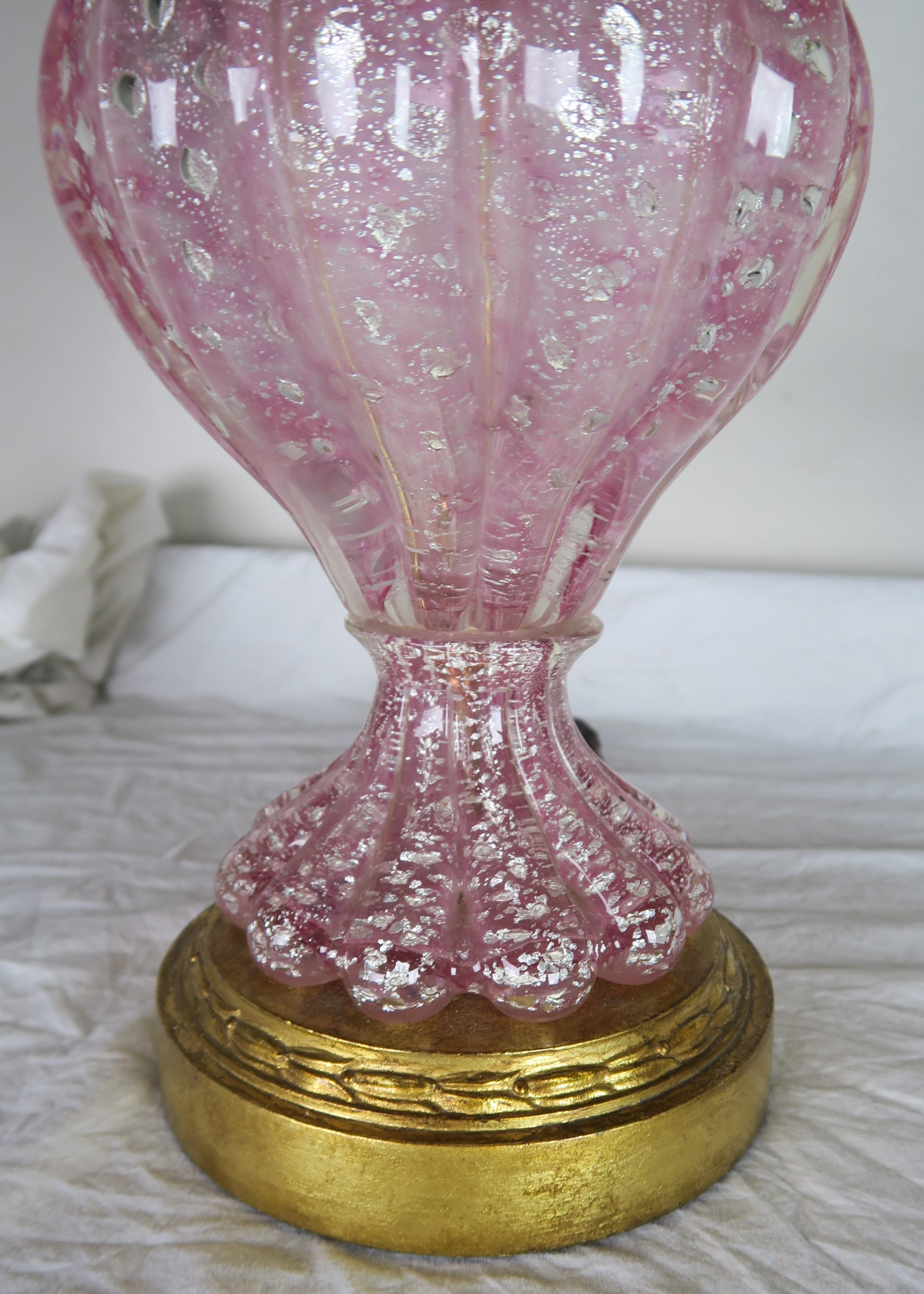 Pink Murano Lamps with Painted Parchment Shades, Pair 2