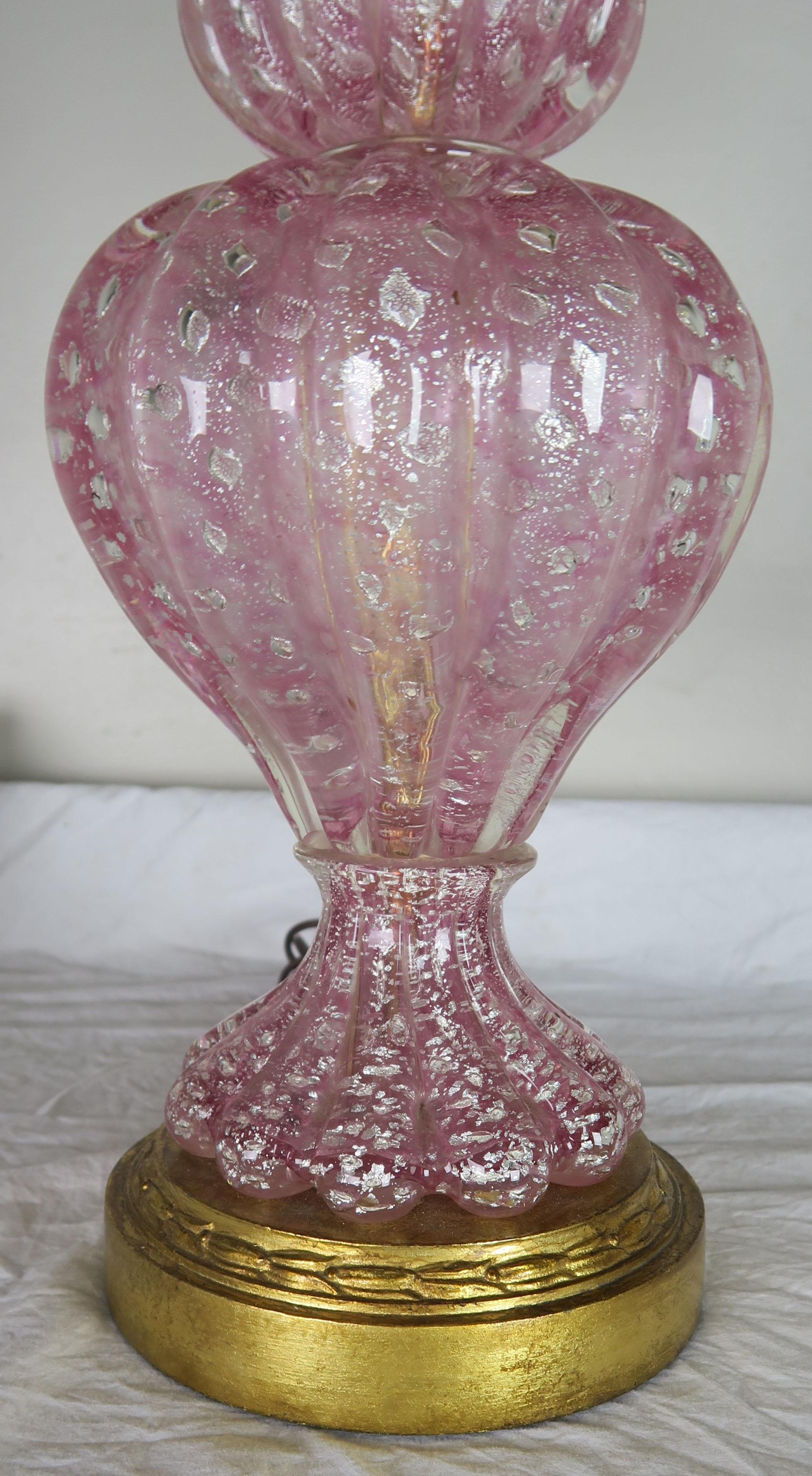 Metalwork Pink Murano Lamps with Painted Parchment Shades, Pair