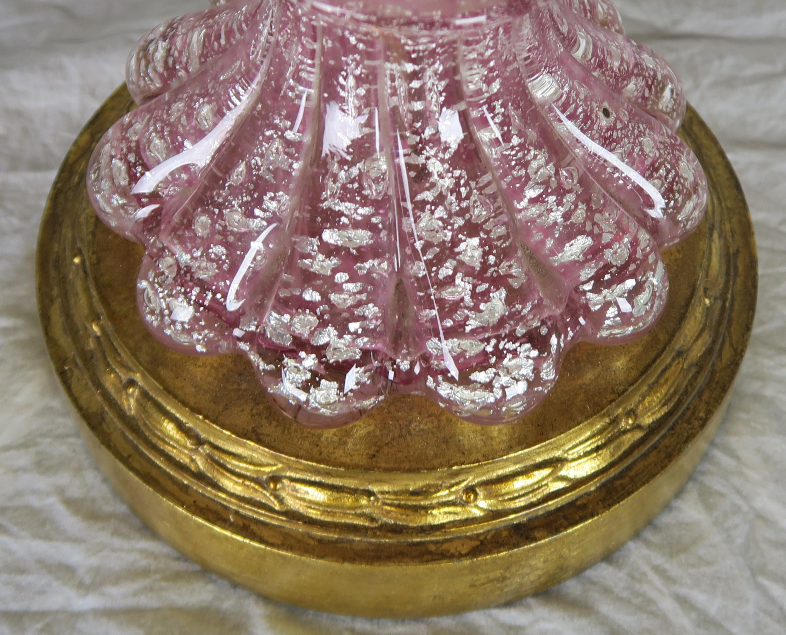 Pink Murano Lamps with Painted Parchment Shades, Pair In Distressed Condition In Los Angeles, CA