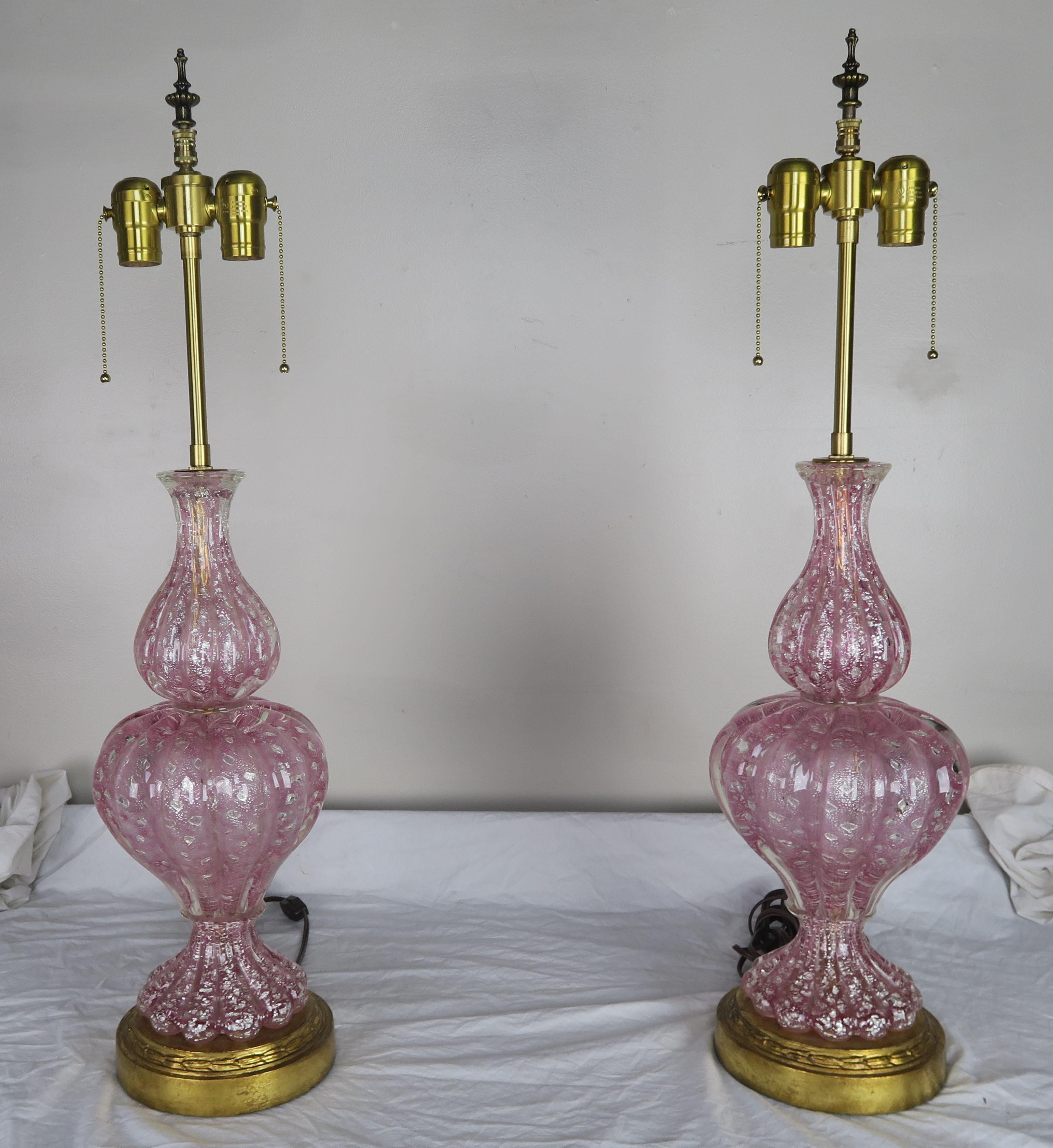Pink Murano Lamps with Painted Parchment Shades, Pair 1