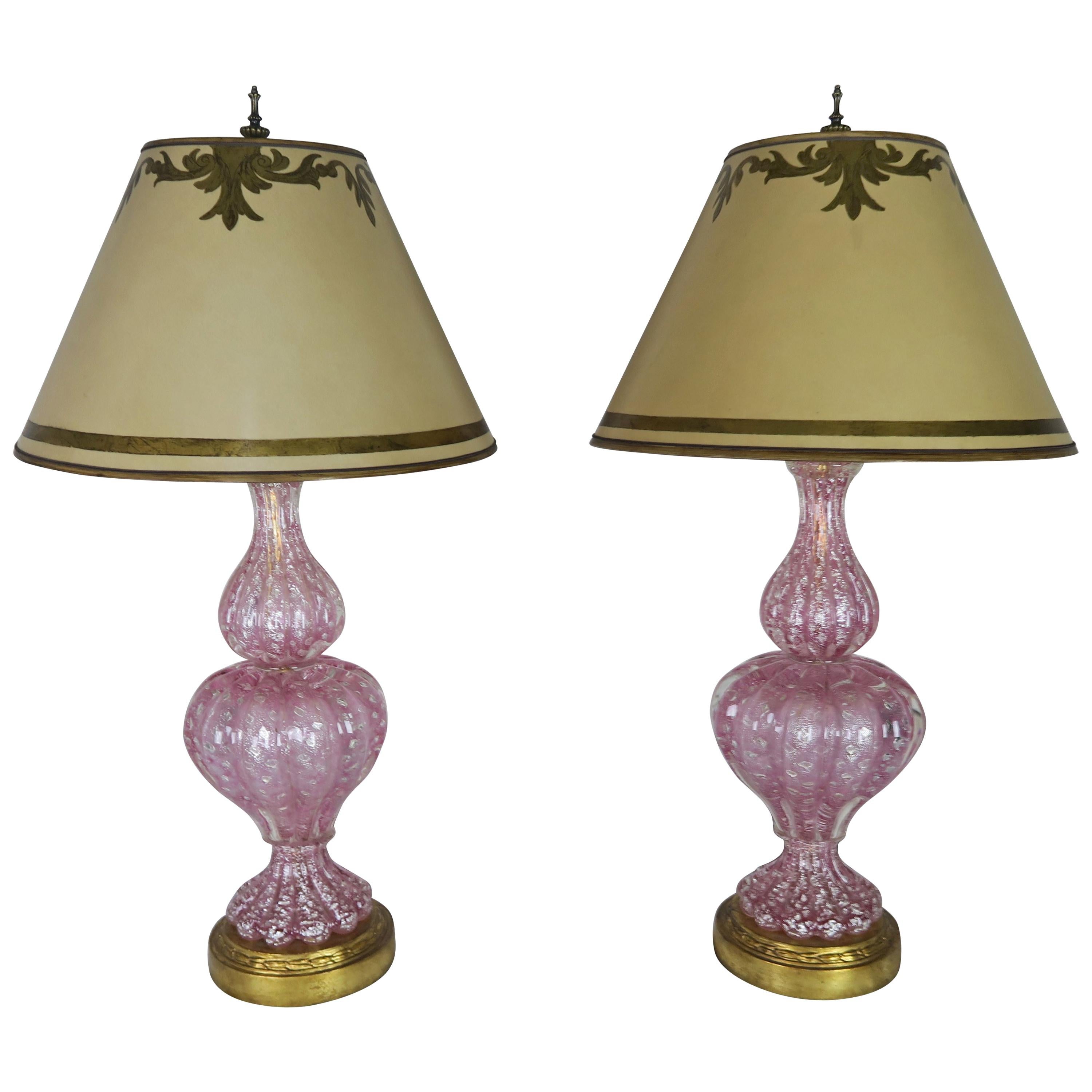 Pink Murano Lamps with Painted Parchment Shades, Pair