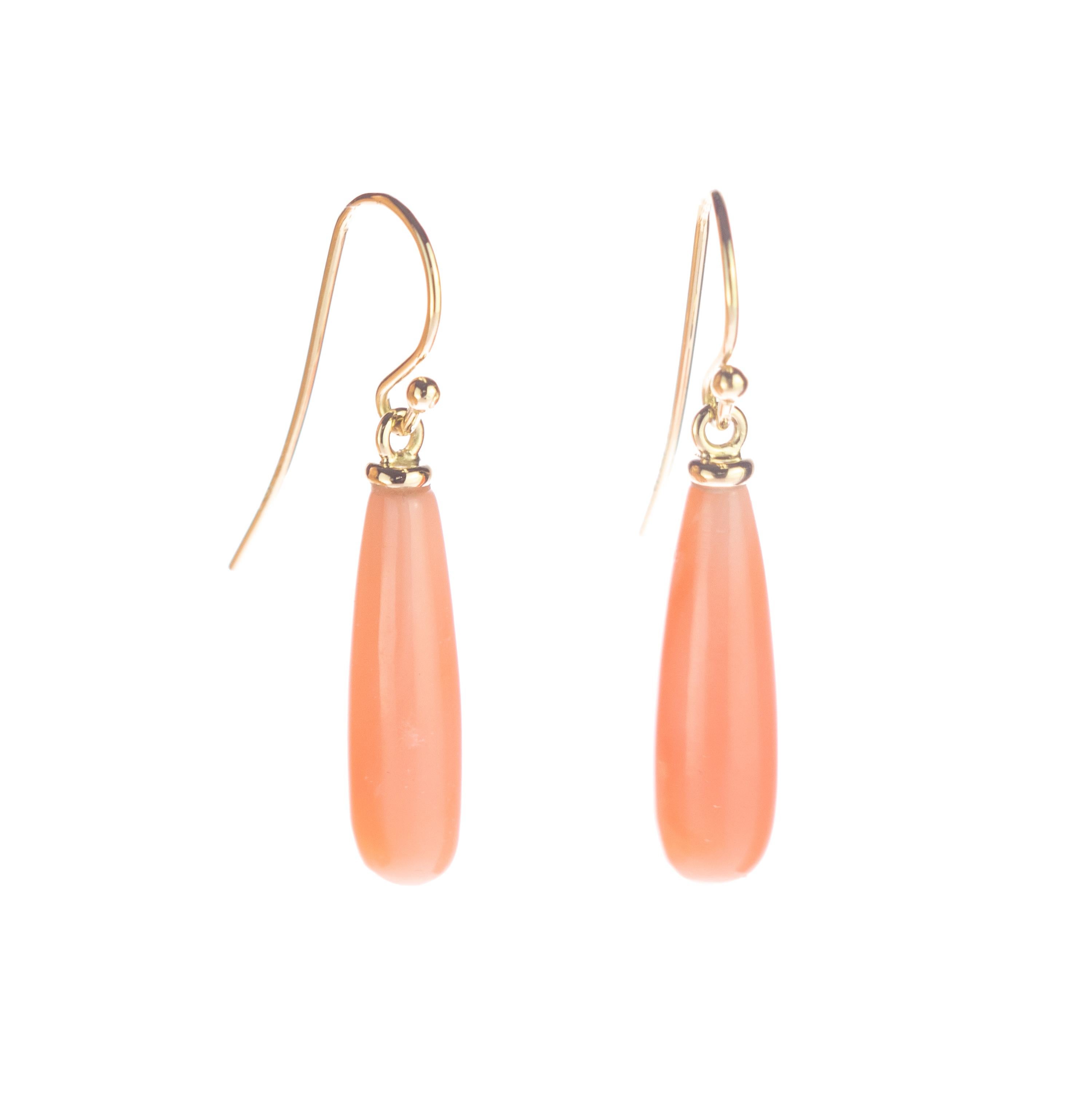 Women's Pink Natural Coral Bold Tear Drop Carved 18 Karat Yellow Gold Dangle Earrings